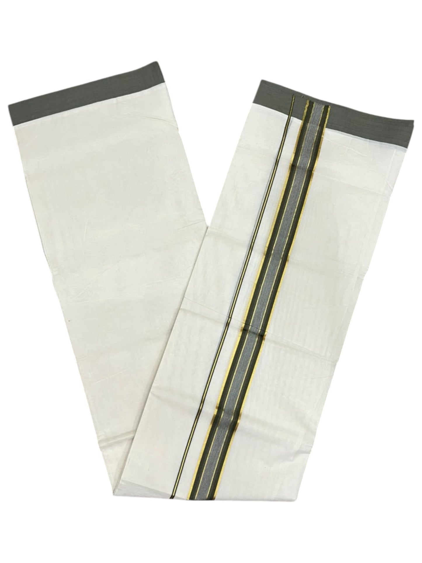 Southloom Pure Cotton Mundu with Golden Lines and Green Border (South Indian Kerala Dhoti)