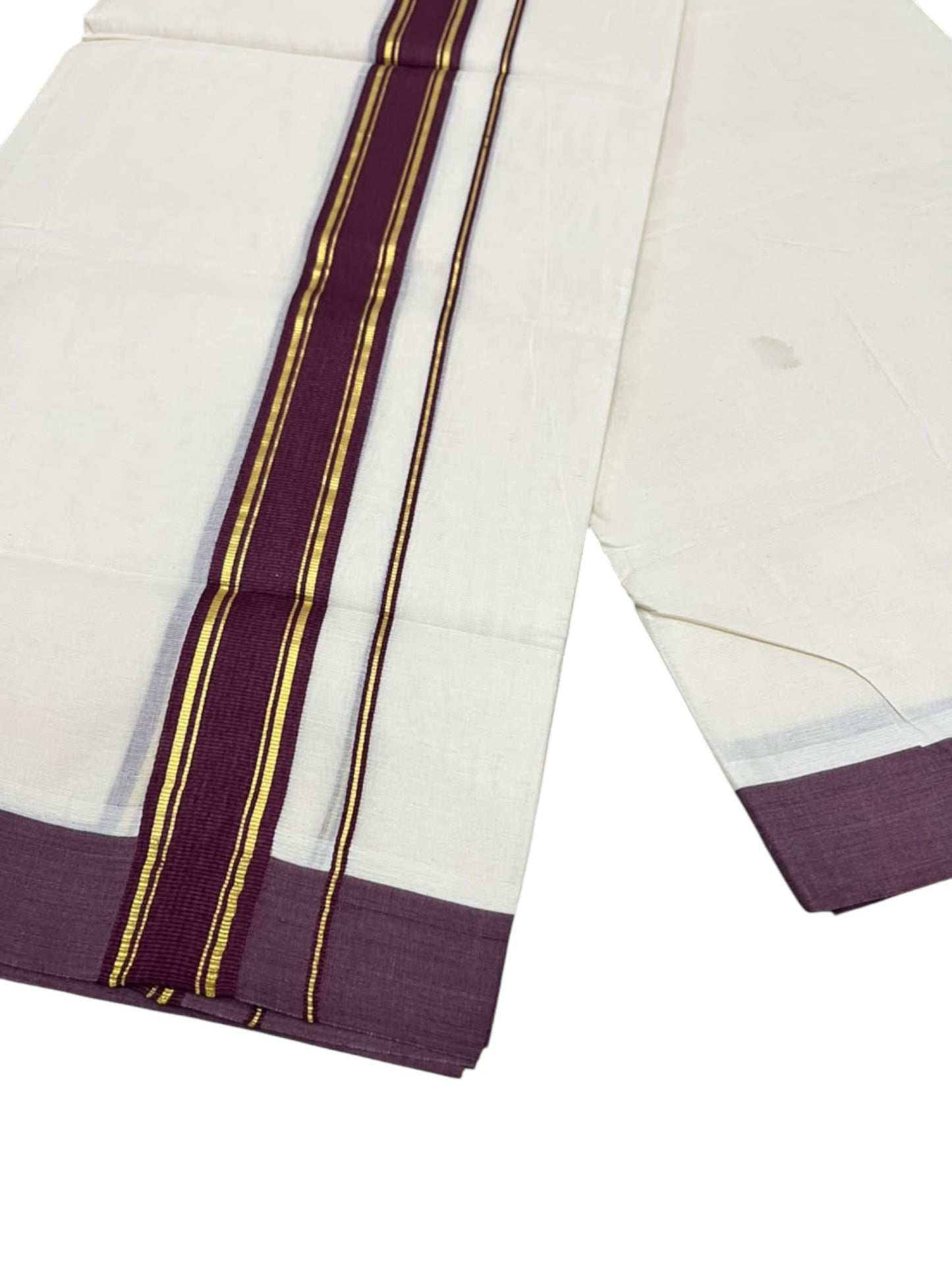 Southloom Pure Cotton Mundu with Golden Lines and Purple Border (South Indian Kerala Dhoti)