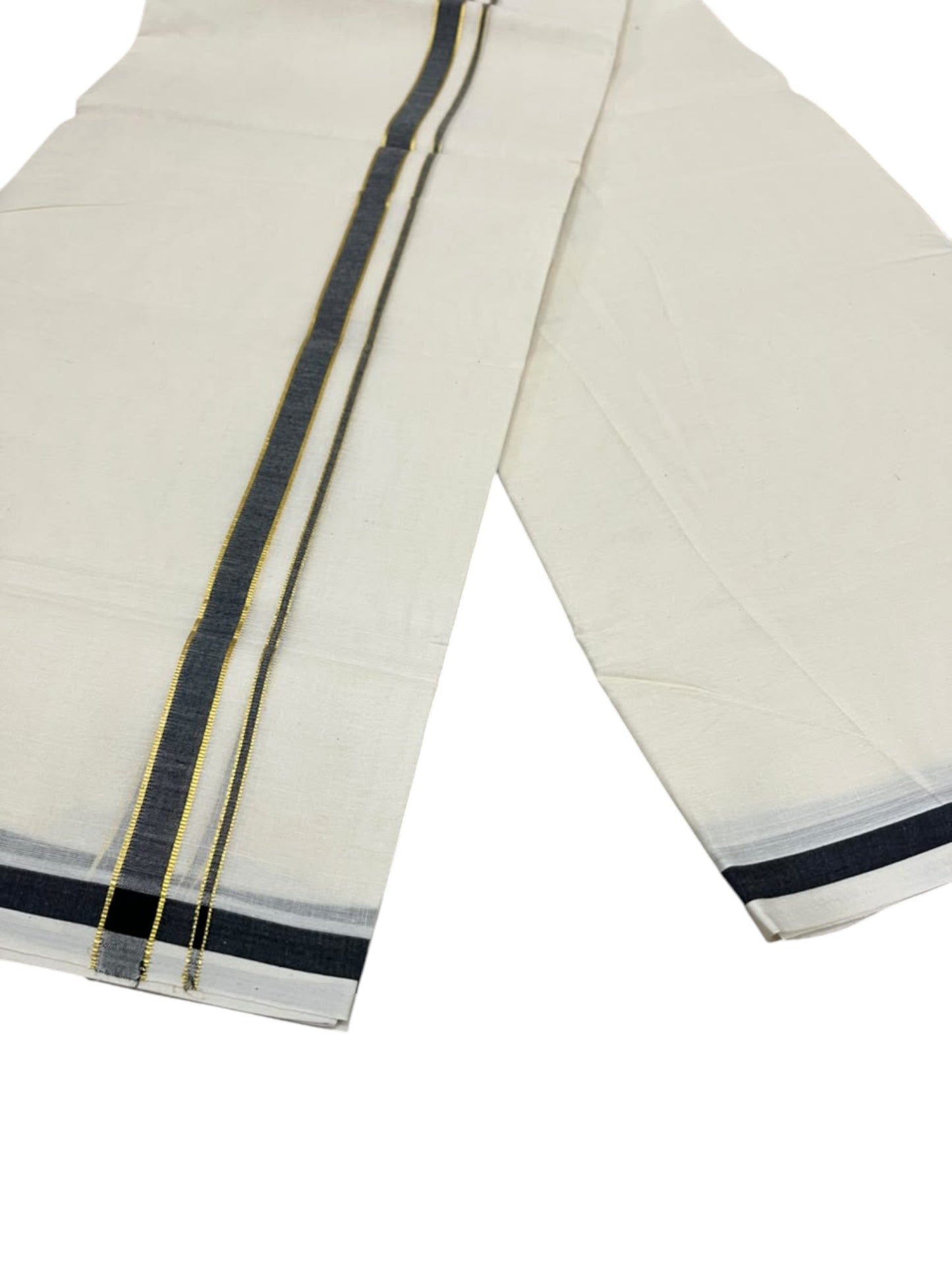 Southloom Pure Cotton Mundu with Golden Lines and Black Border (South Indian Kerala Dhoti)