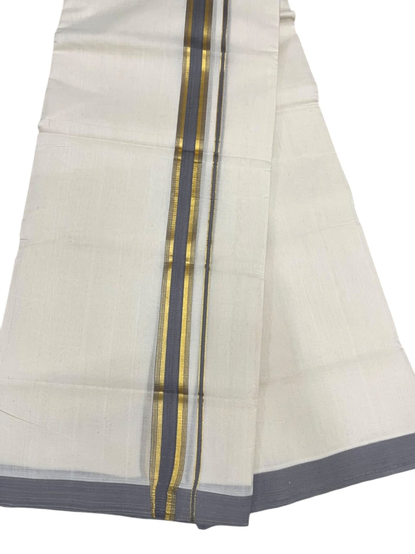 Southloom Balaramapuram Unakkupaavu Premium Handloom Cotton Double Mundu with Gold Kasavu and Grey Border