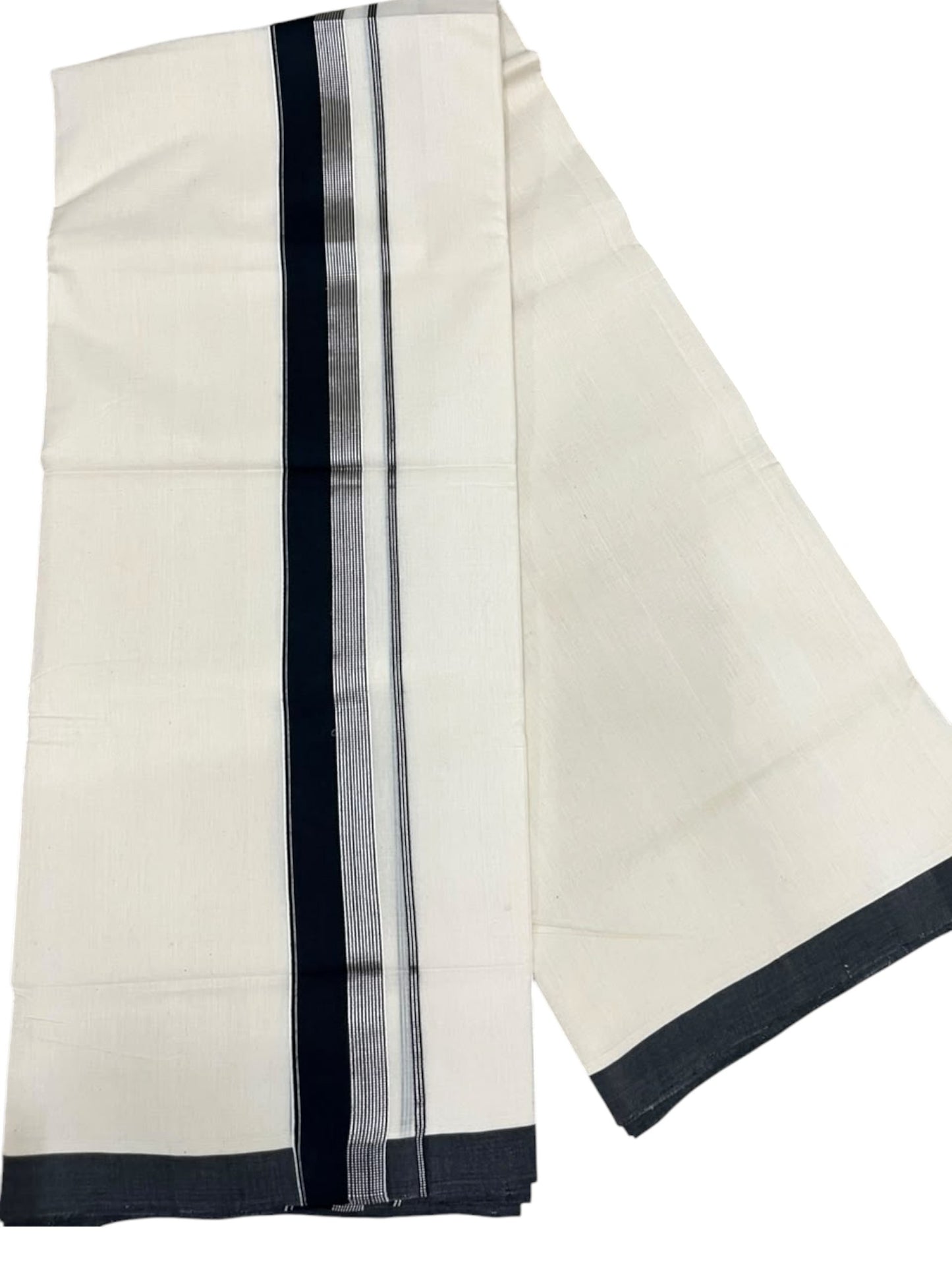 Southloom Balaramapuram Unakkupaavu Premium Handloom Cotton Double Mundu with Silver Kasavu and Black Border