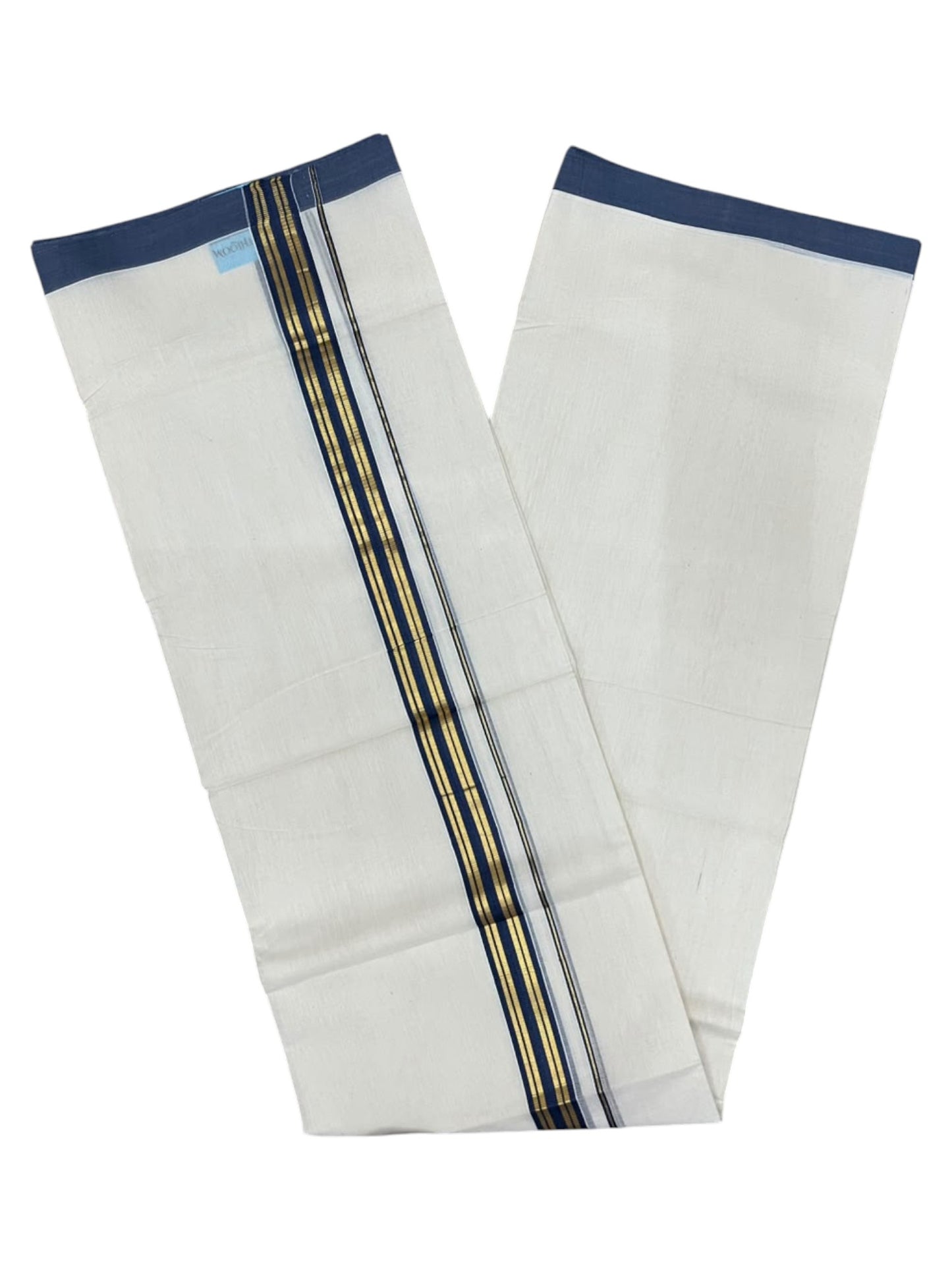 Southloom Balaramapuram Unakkupaavu Premium Handloom Cotton Double Mundu with Gold Kasavu and Blue Border