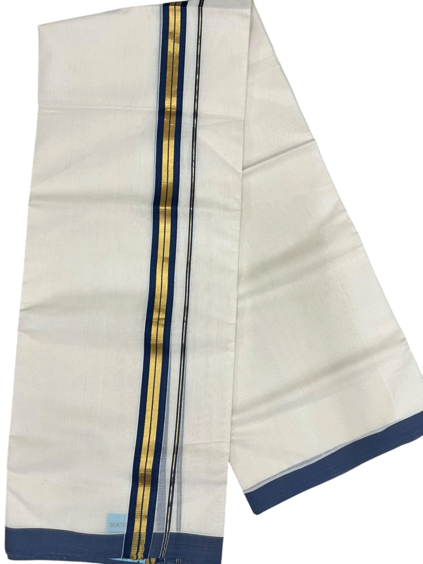 Southloom Balaramapuram Unakkupaavu Premium Handloom Cotton Double Mundu with Gold Kasavu and Blue Border