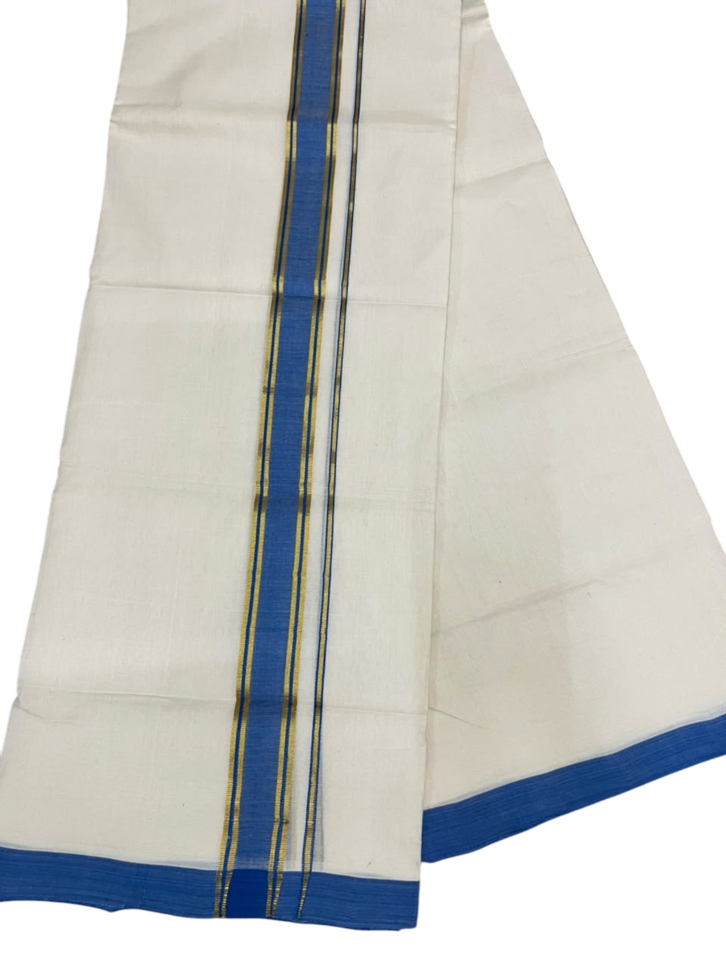 Southloom Balaramapuram Unakkupaavu Premium Handloom Cotton Double Mundu with Gold Kasavu and Blue Border