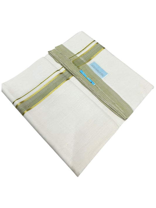 Southloom Balaramapuram Unakkupaavu Premium Handloom Cotton Double Mundu with Gold Kasavu and Olive Green Border