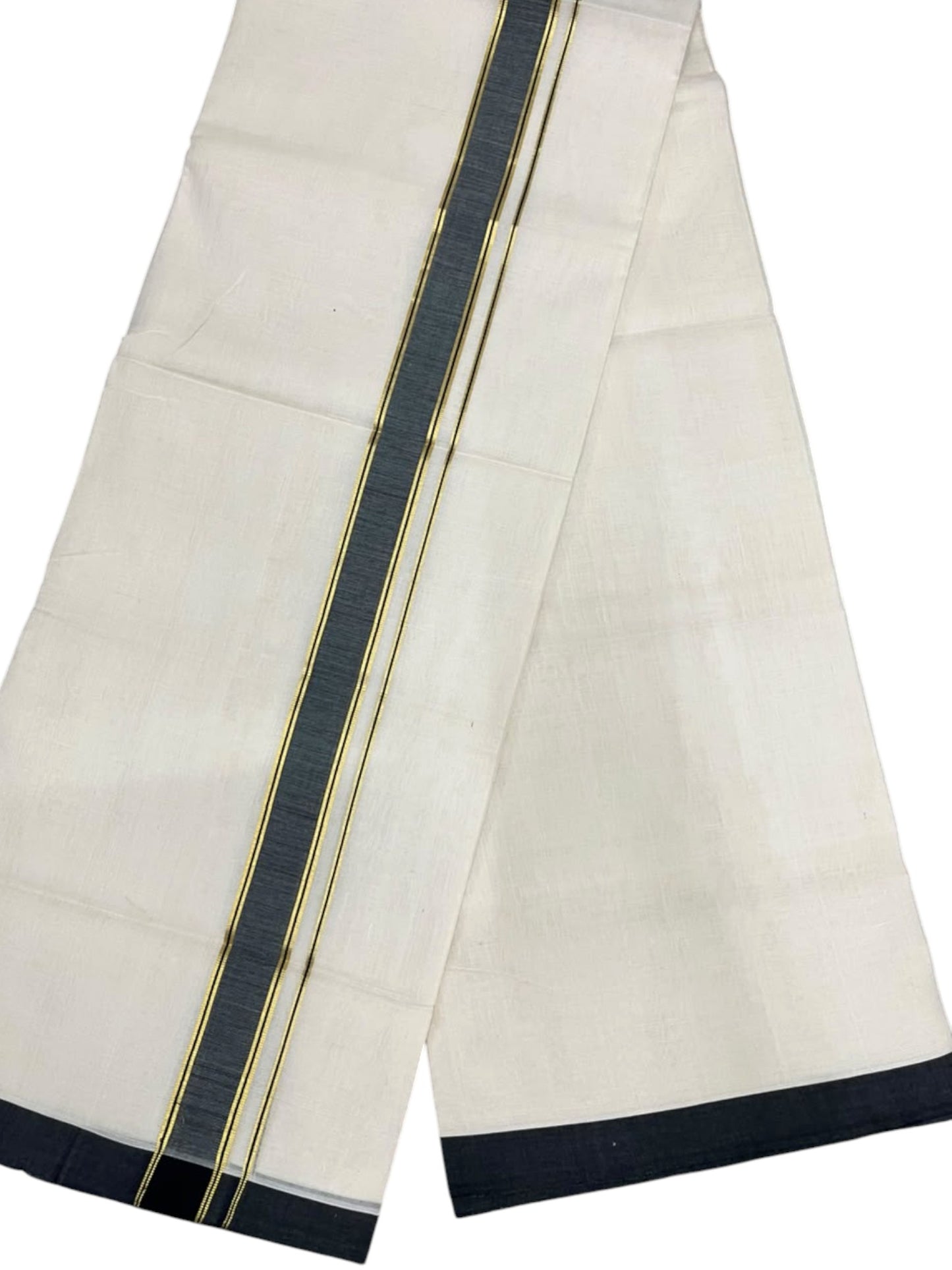 Southloom Balaramapuram Unakkupaavu Premium Handloom Cotton Double Mundu with Gold Kasavu and Blue Border