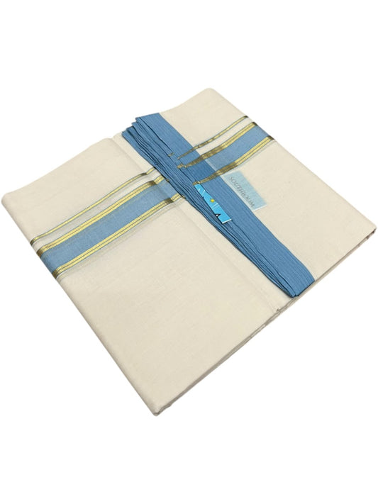 Southloom Balaramapuram Unakkupaavu Premium Handloom Cotton Double Mundu with Gold Kasavu and Blue Border