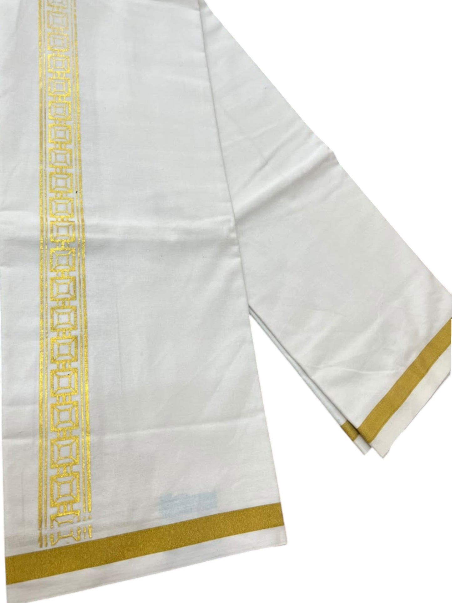 Southloom Pure White Gold Kasavu Printed Single Mundu / Lungi (South Indian Kerala Dhoti) SL610