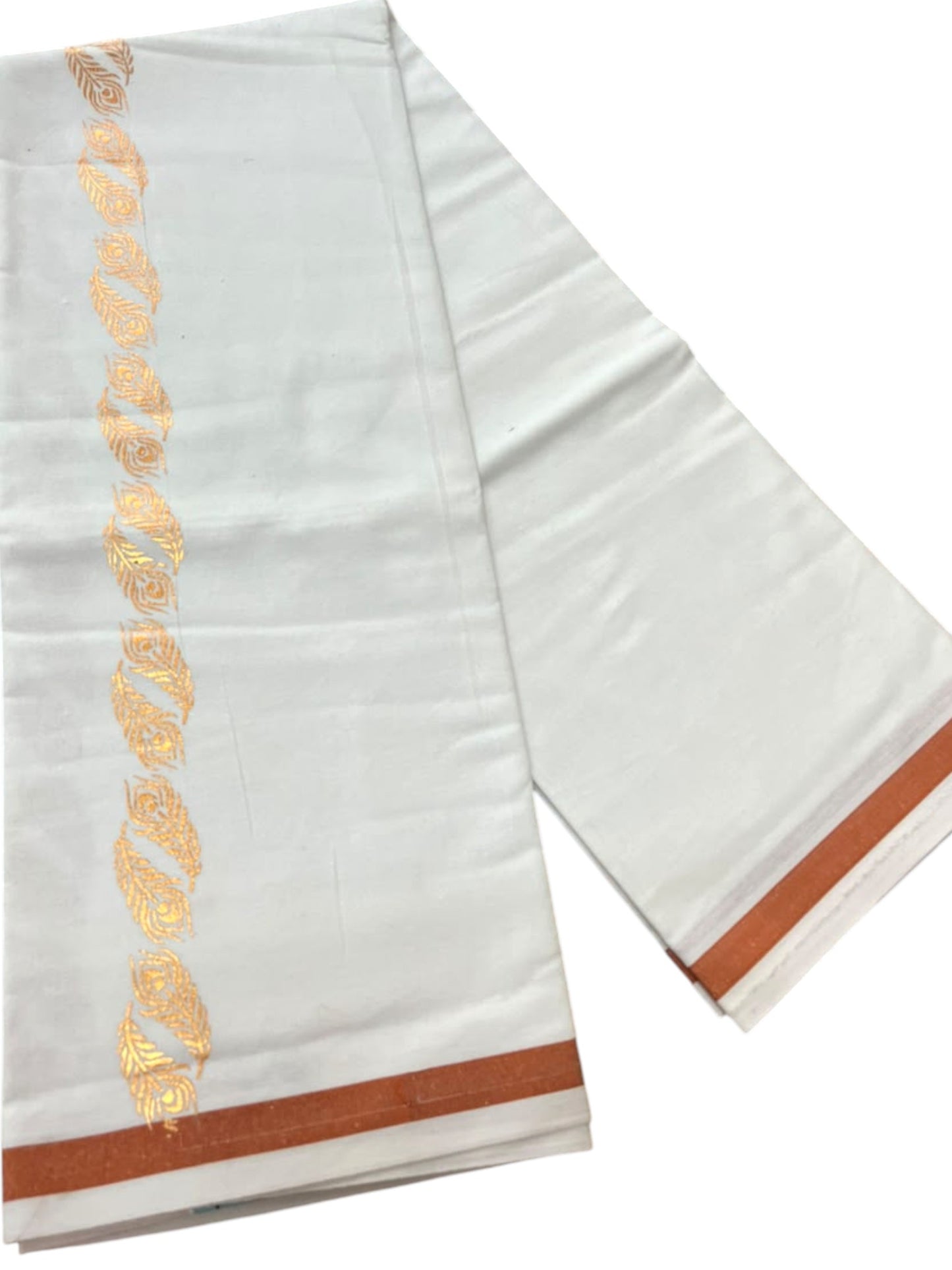 Southloom Pure White Copper Kasavu Printed Single Mundu / Lungi (South Indian Kerala Dhoti) SL610