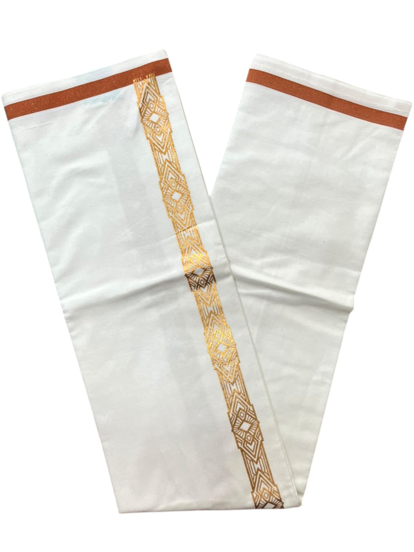 Southloom Pure White Copper Kasavu Printed Single Mundu / Lungi (South Indian Kerala Dhoti) SL610