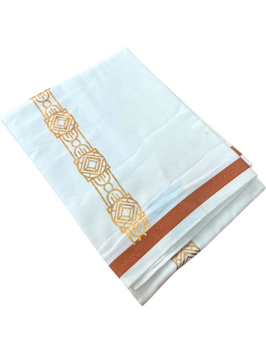 Southloom Pure White Copper Kasavu Printed Single Mundu / Lungi (South Indian Kerala Dhoti) SL610