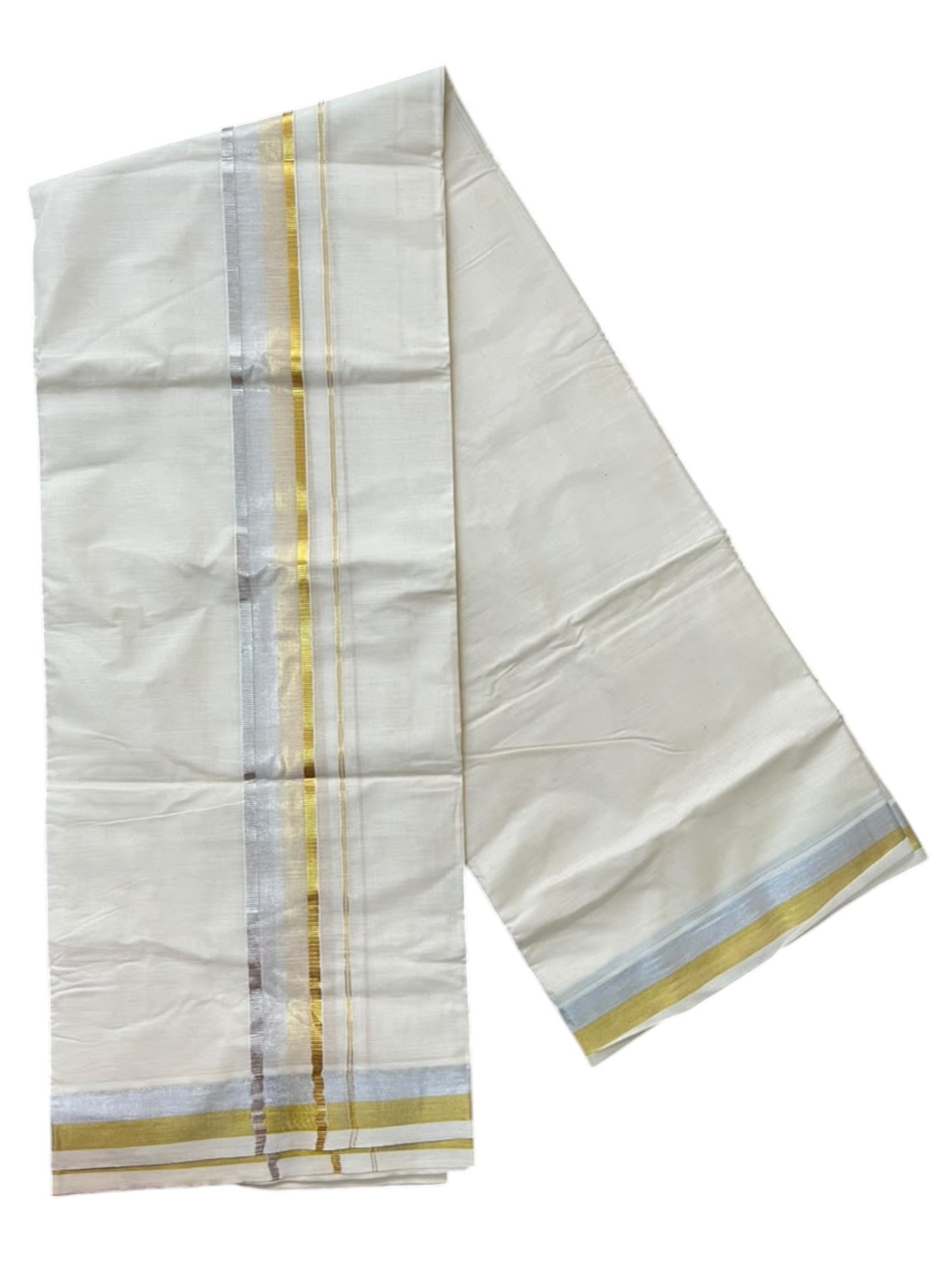 Southloom Pure Cotton Kasavu Mundu with Golden & Silver (South Indian Kerala Dhoti)
