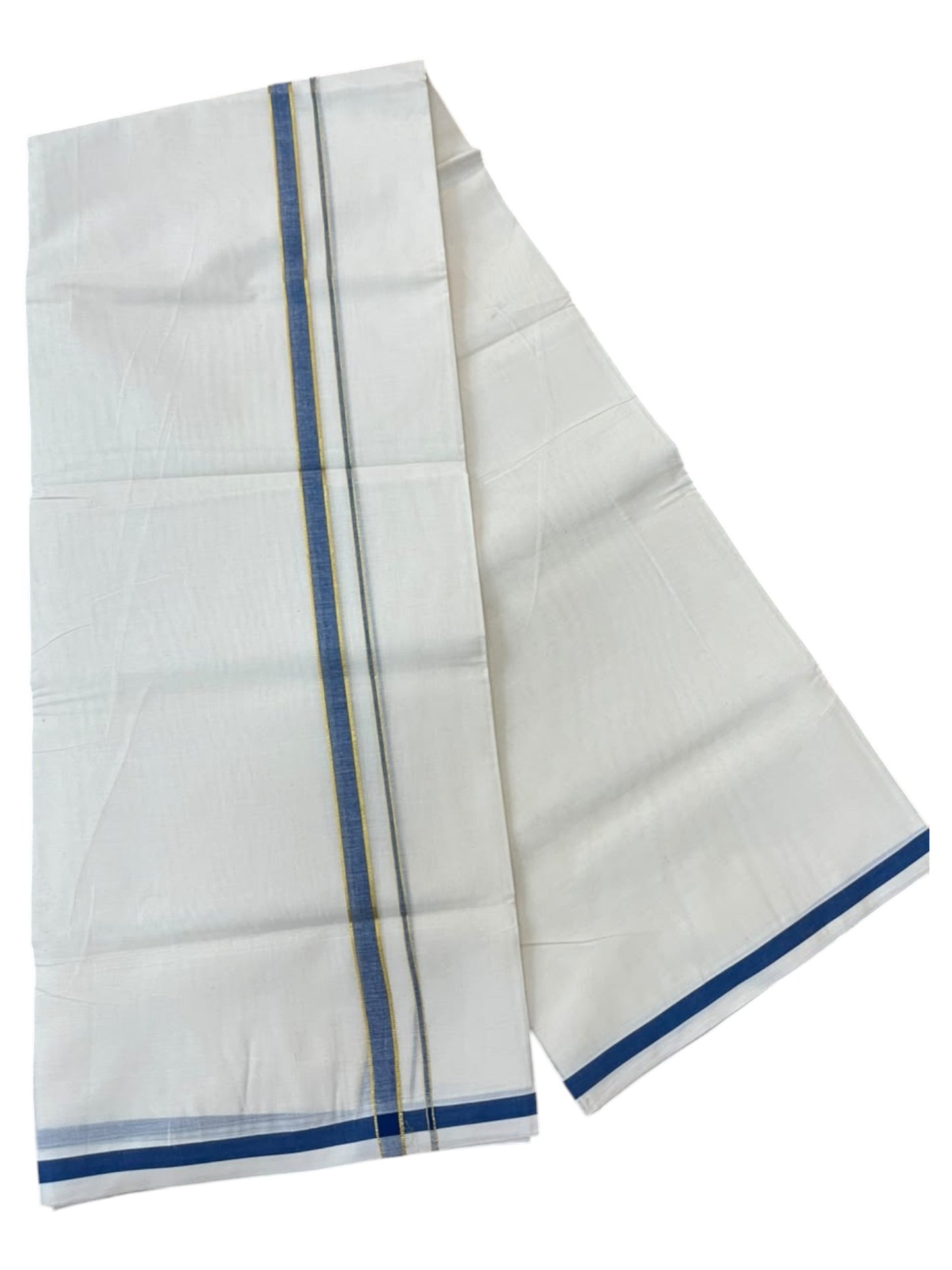 Southloom Pure Cotton Mundu with Gold Lines and Blue Border (South Indian Kerala Dhoti)