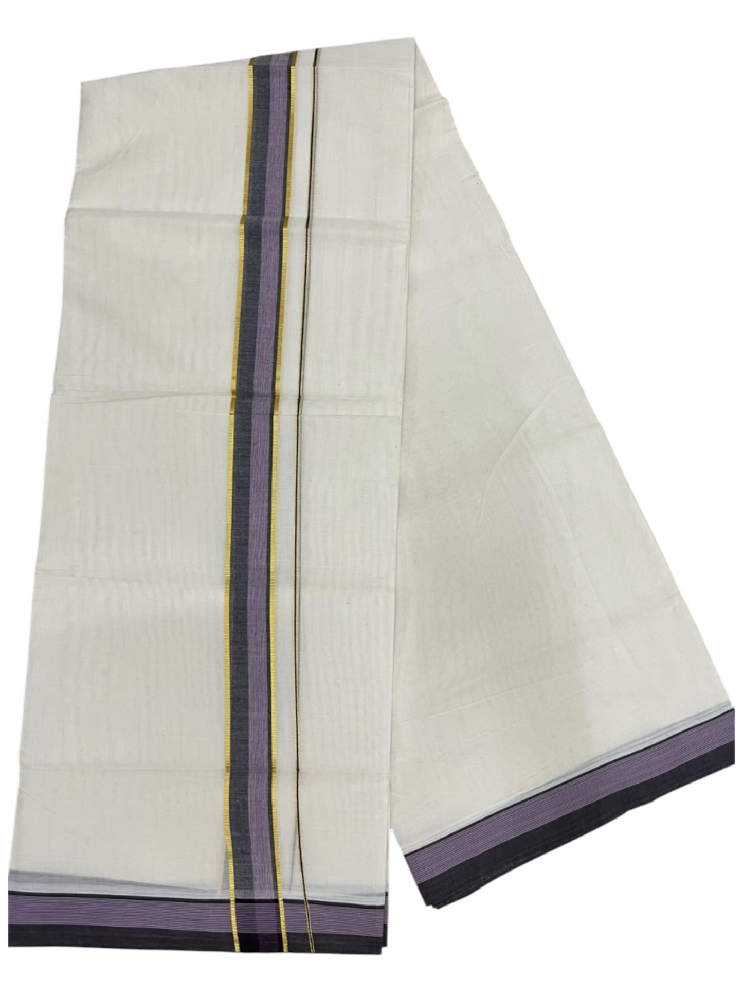 Southloom Pure Cotton Mundu with Gold Lines and Purple Border (South Indian Kerala Dhoti)