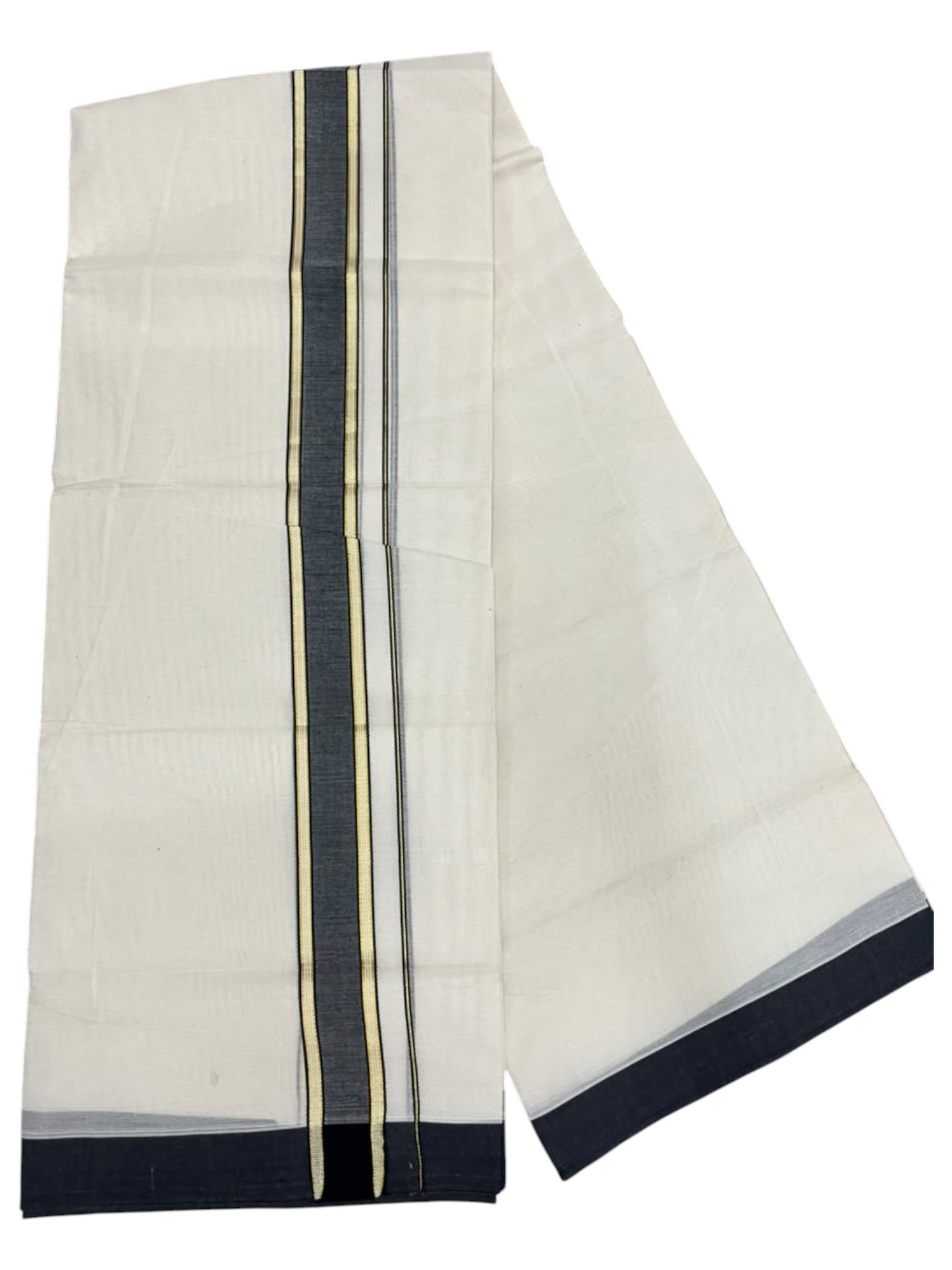 Southloom Pure Cotton Mundu with Gold Lines and Black Border (South Indian Kerala Dhoti)