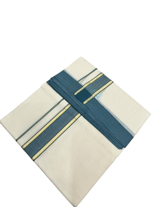 Southloom Pure Cotton Mundu with Gold Lines and Green Border (South Indian Kerala Dhoti)