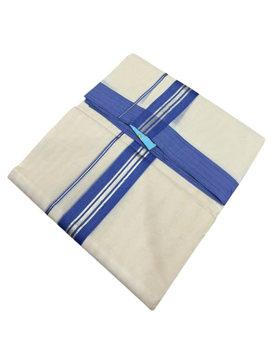 Southloom Pure Cotton Mundu with Silver Lines and Blue Border (South Indian Kerala Dhoti)