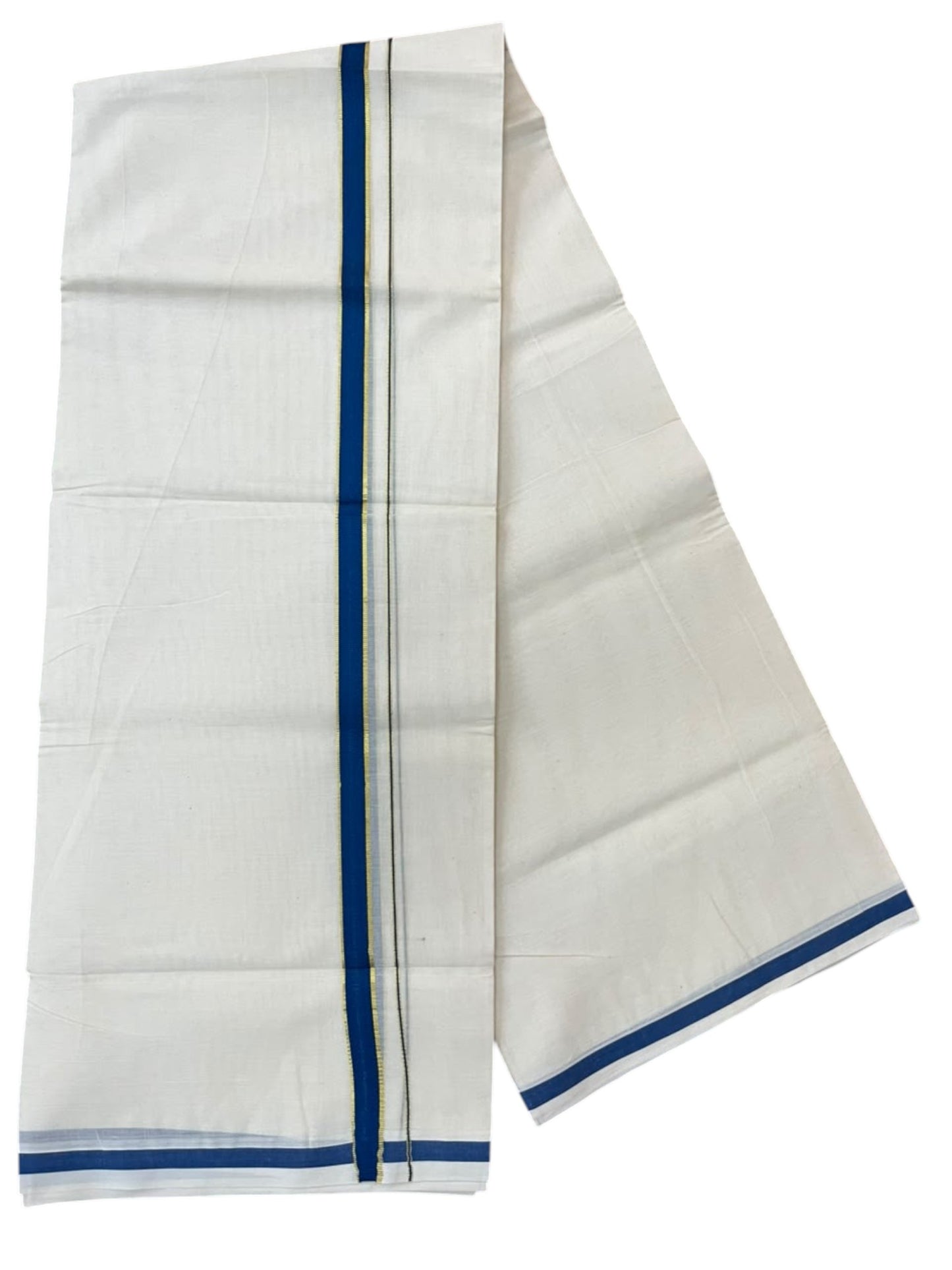 Southloom Pure Cotton Mundu with Gold Lines and Blue Border (South Indian Kerala Dhoti)