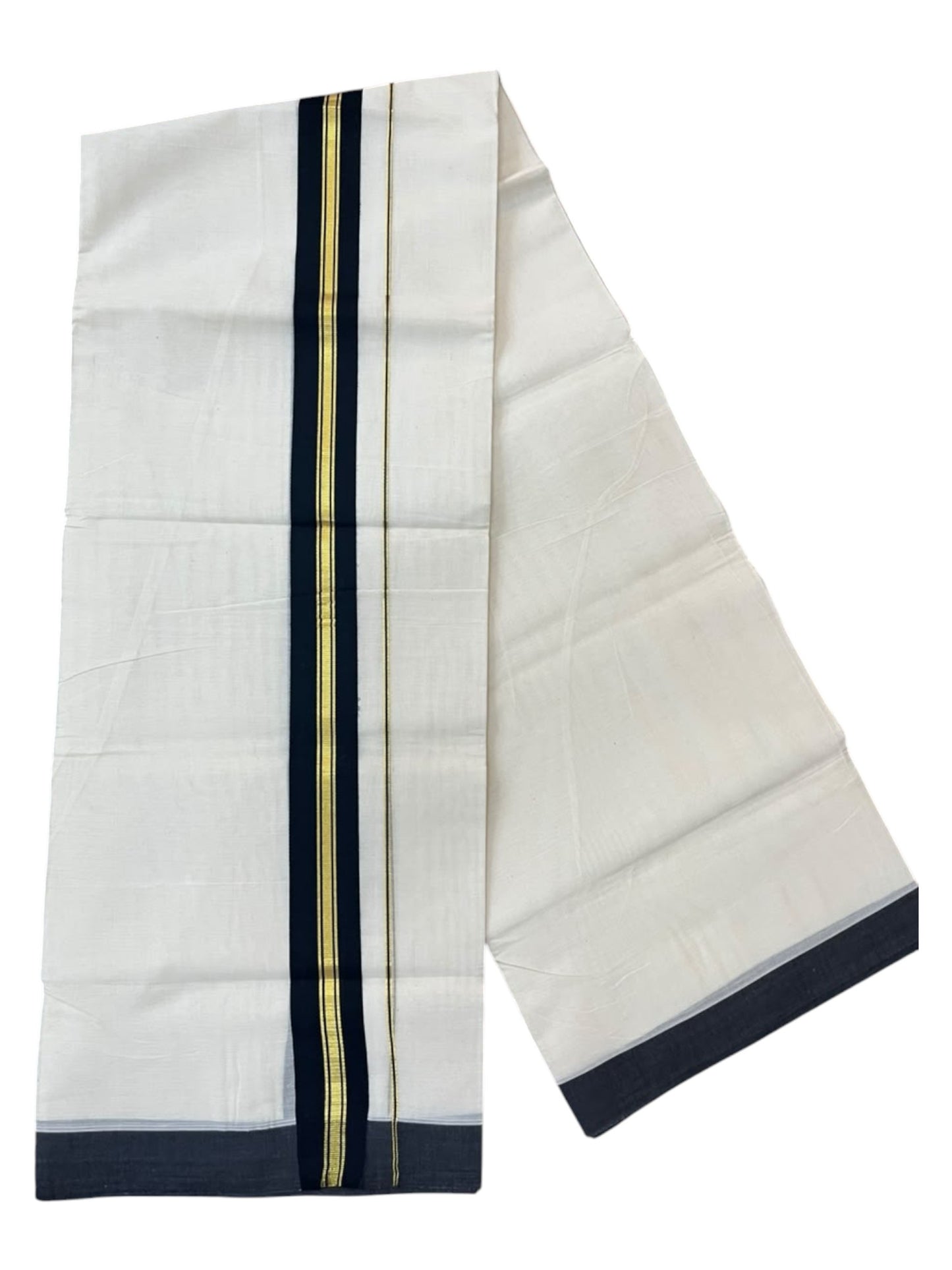 Southloom Pure Cotton Mundu with Gold Lines and Black Border (South Indian Kerala Dhoti)