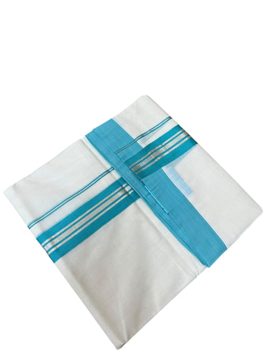 Southloom Pure Cotton Mundu with Silver Lines and Blue Border (South Indian Kerala Dhoti)