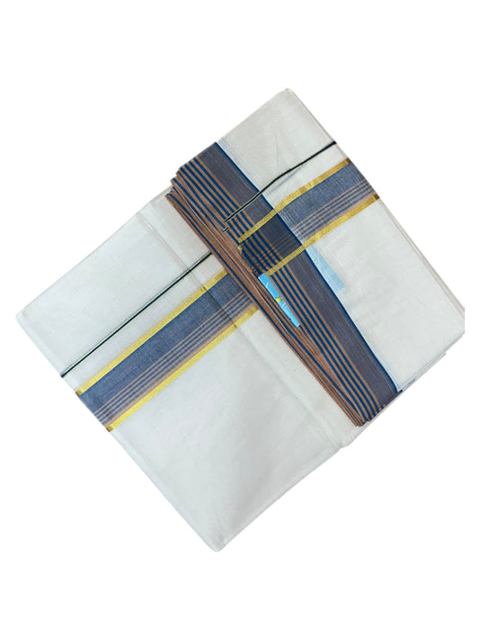Southloom Pure Cotton Mundu with Gold Lines and Blue Border (South Indian Kerala Dhoti)