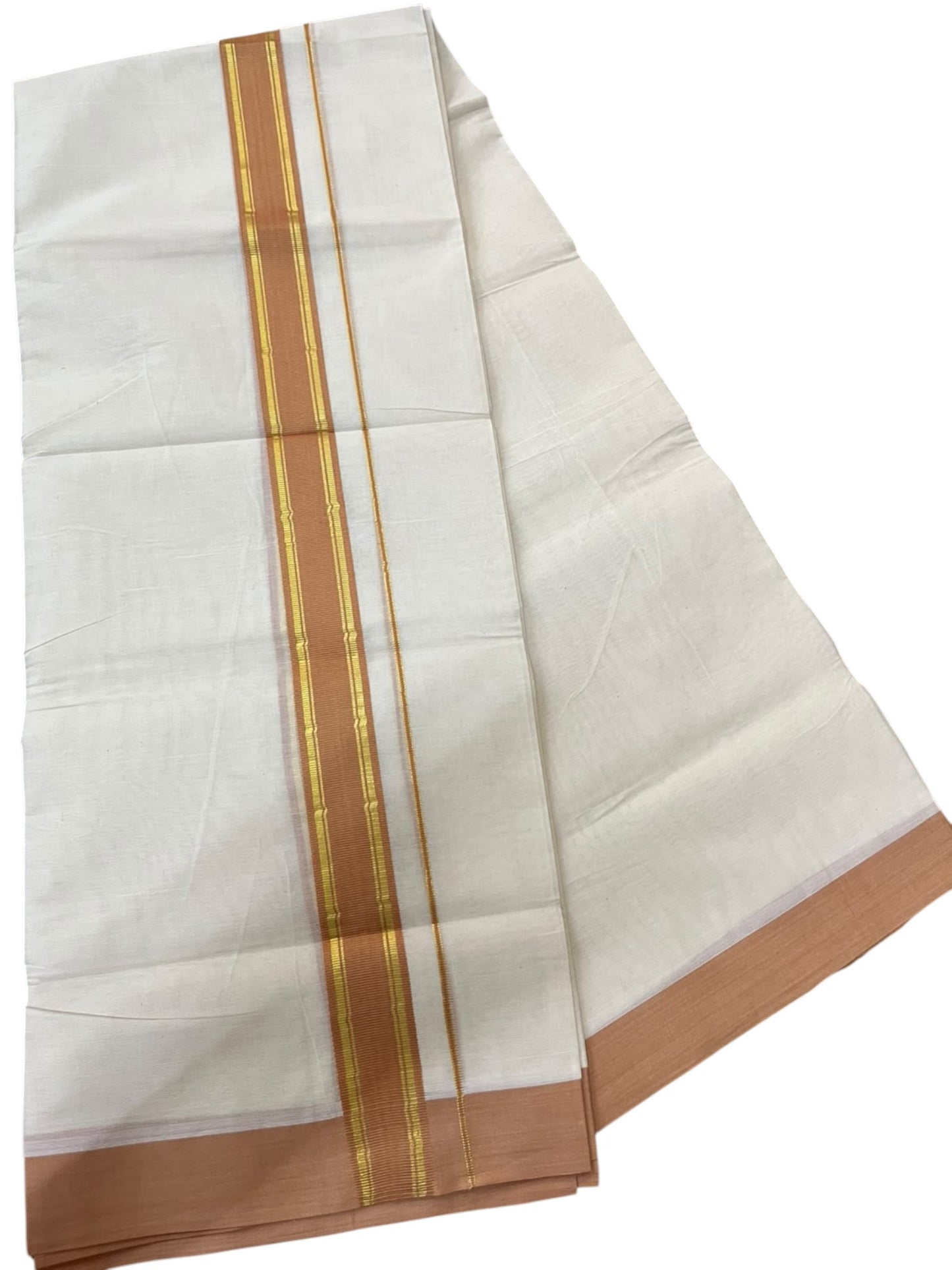 Southloom Pure Cotton Mundu with Gold Lines and Peach Border (South Indian Kerala Dhoti)