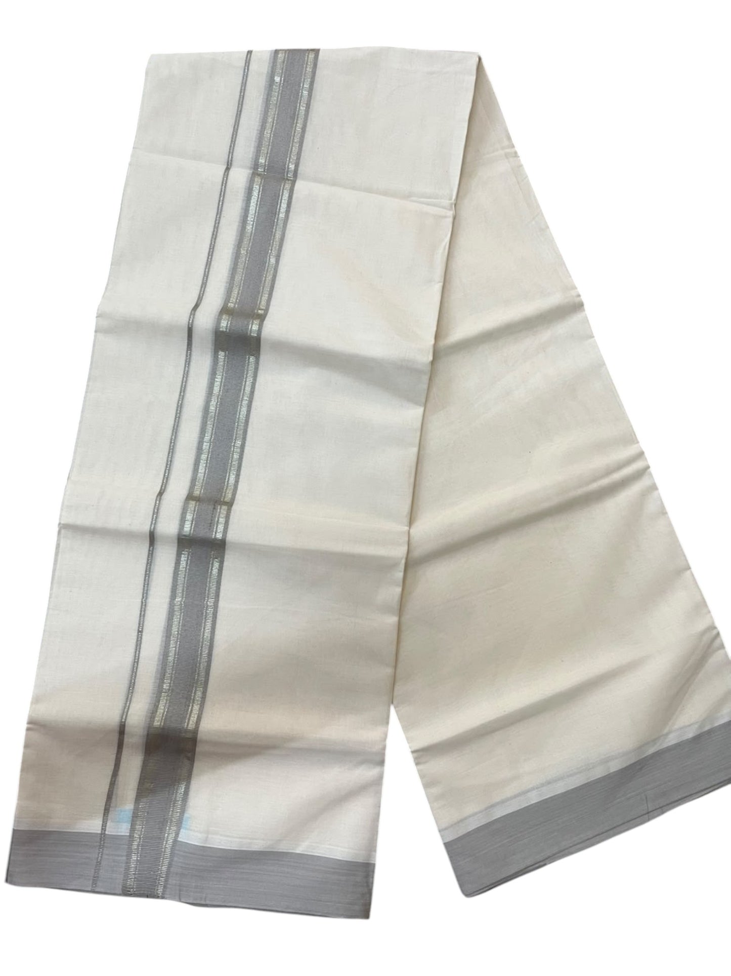 Southloom Pure Cotton Mundu with Silver Lines and Gray Border (South Indian Kerala Dhoti)