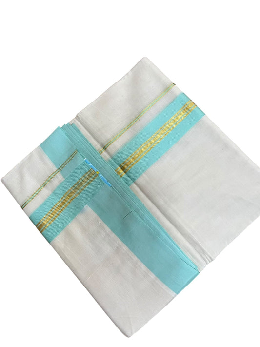 Southloom Pure Cotton Mundu with Gold Lines and Turquoise Border (South Indian Kerala Dhoti)