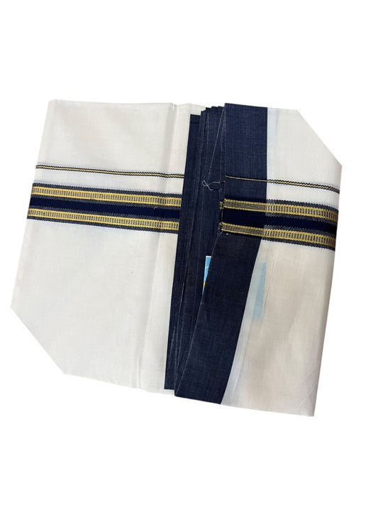Southloom Pure Cotton Mundu with Gold Lines and Blue Border (South Indian Kerala Dhoti)