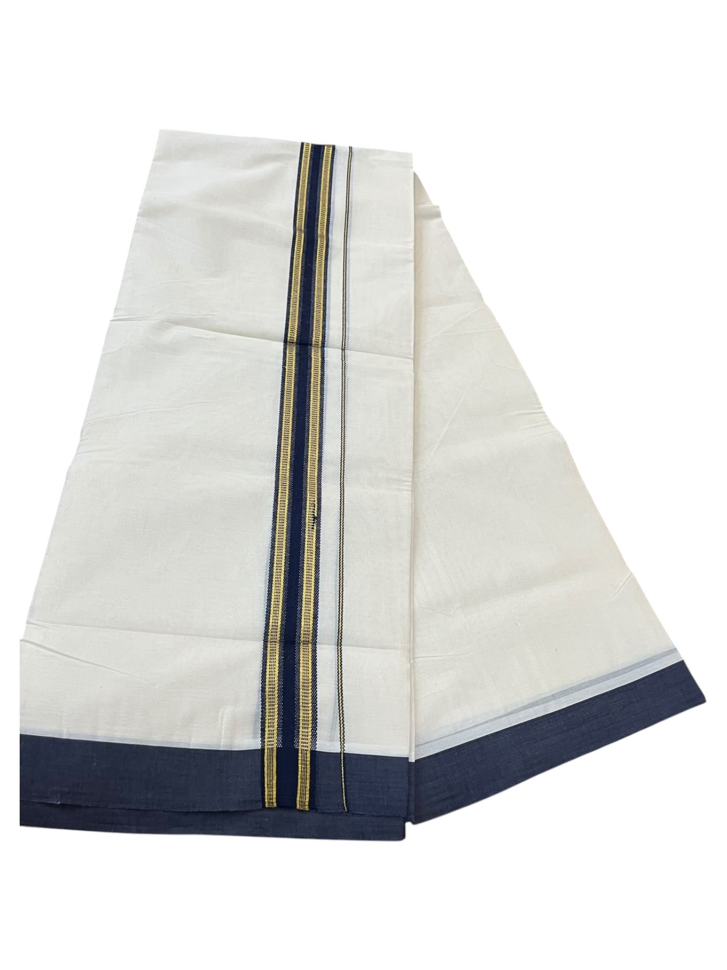 Southloom Pure Cotton Mundu with Gold Lines and Blue Border (South Indian Kerala Dhoti)