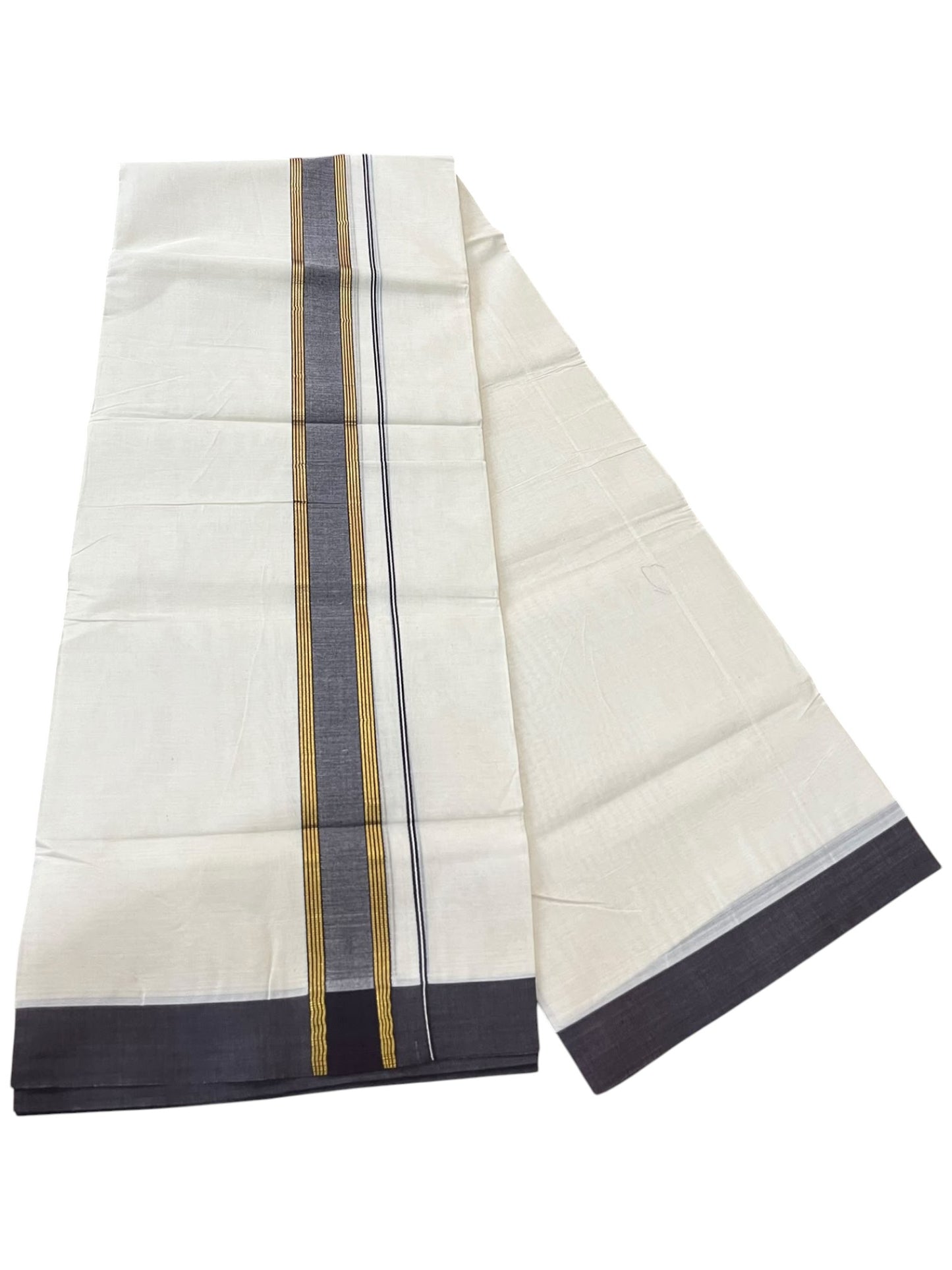 Southloom Pure Cotton Mundu with Gold Lines and Blue Border (South Indian Kerala Dhoti)