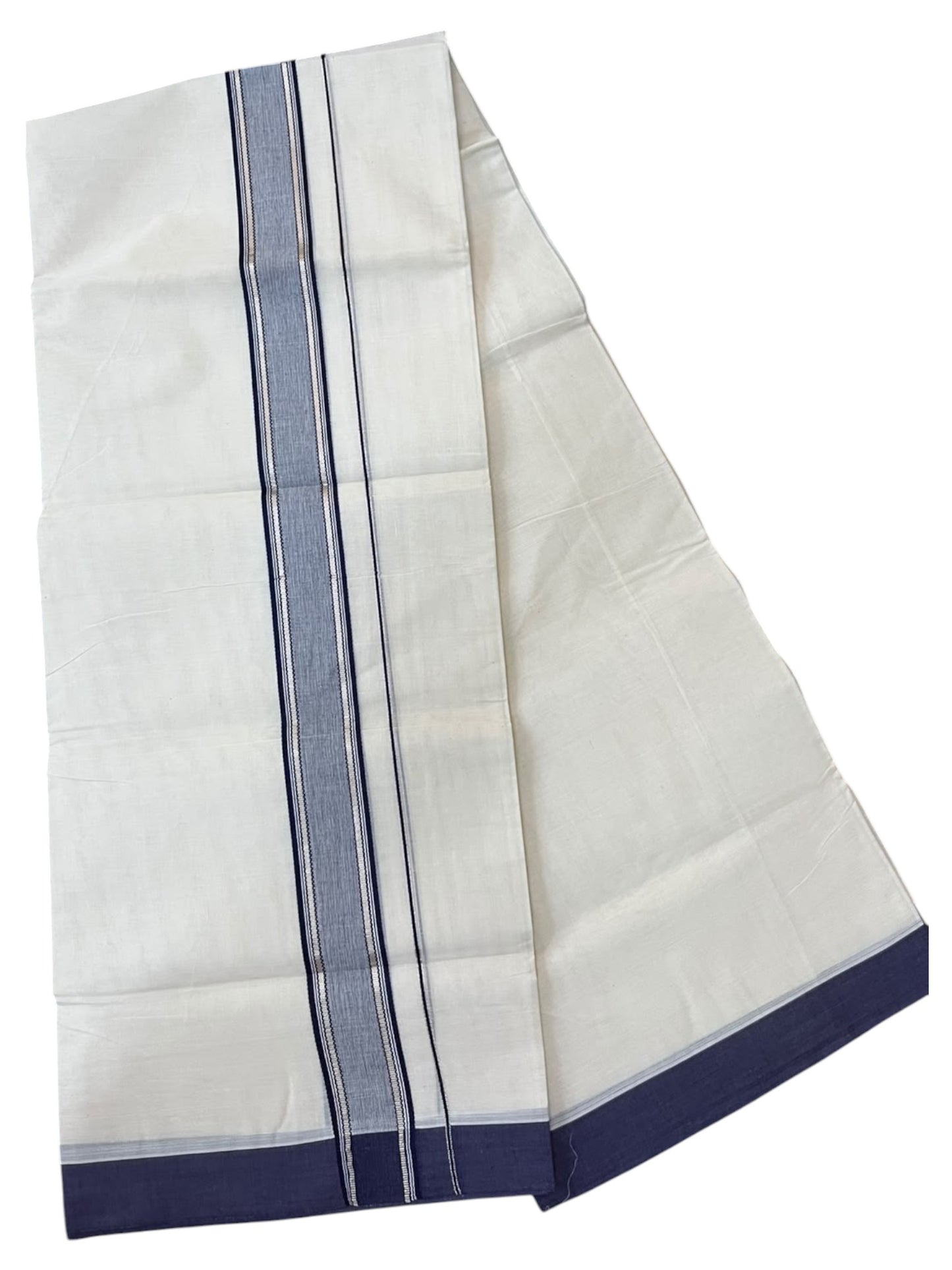 Southloom Pure Cotton Mundu with Silver Lines and Blue Border (South Indian Kerala Dhoti)