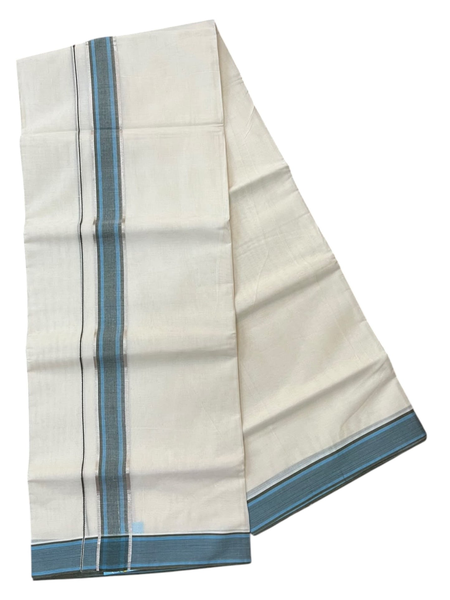 Southloom Pure Cotton Mundu with Silver Lines and Blue Border (South Indian Kerala Dhoti)