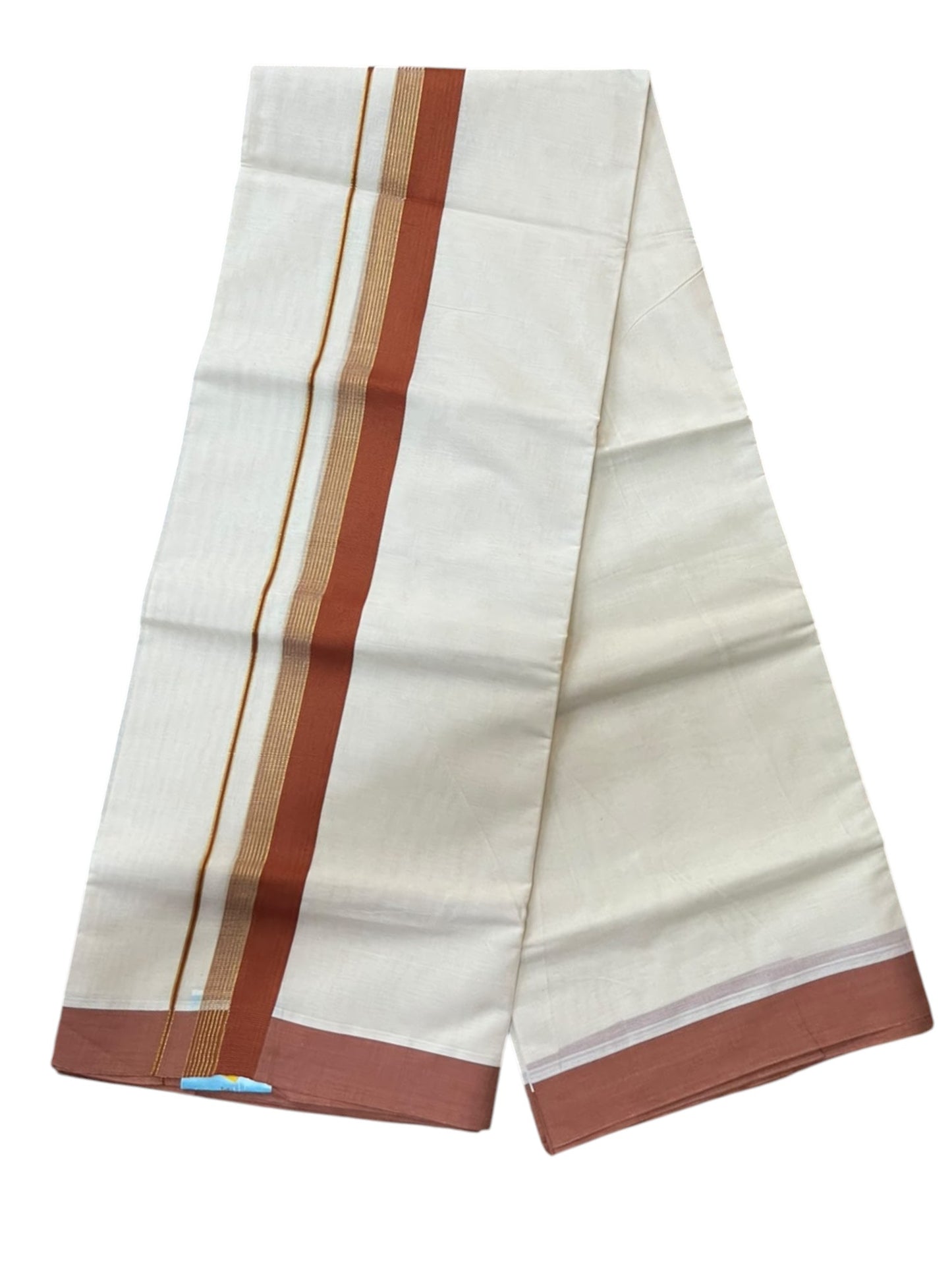 Southloom Pure Cotton Mundu with Gold Lines and Brown Border (South Indian Kerala Dhoti)