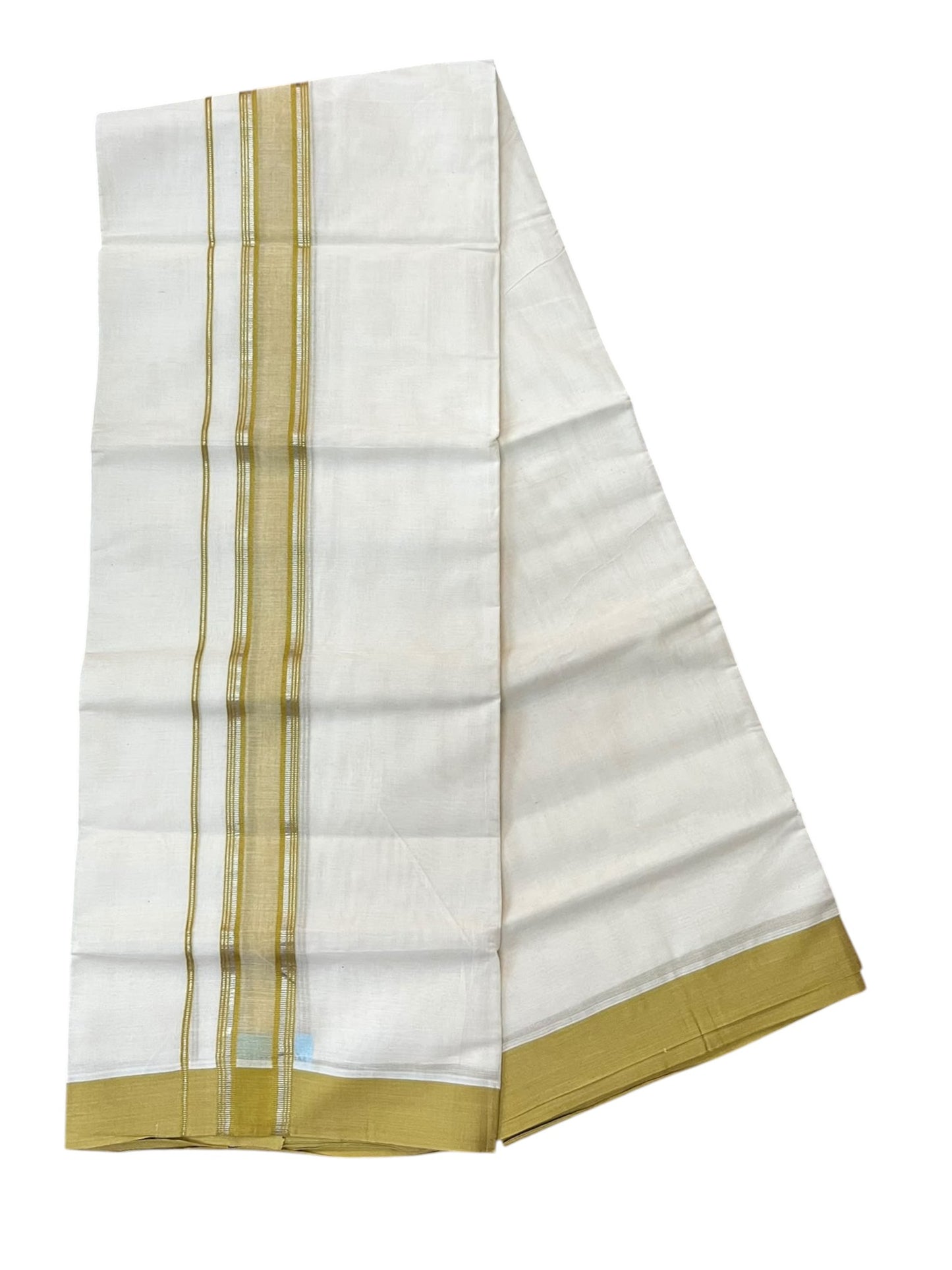 Southloom Pure Cotton Mundu with Silver Lines and Mustard Yellow Border (South Indian Kerala Dhoti)