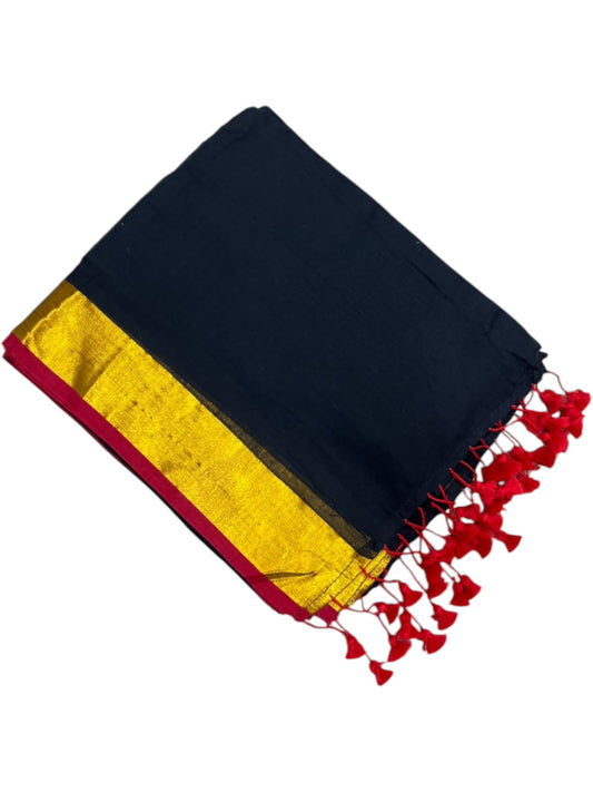 Southloom Mul Cotton 120 x 120 Soft Fabric Saree In Black on Body with Gold&Red in Border SL215