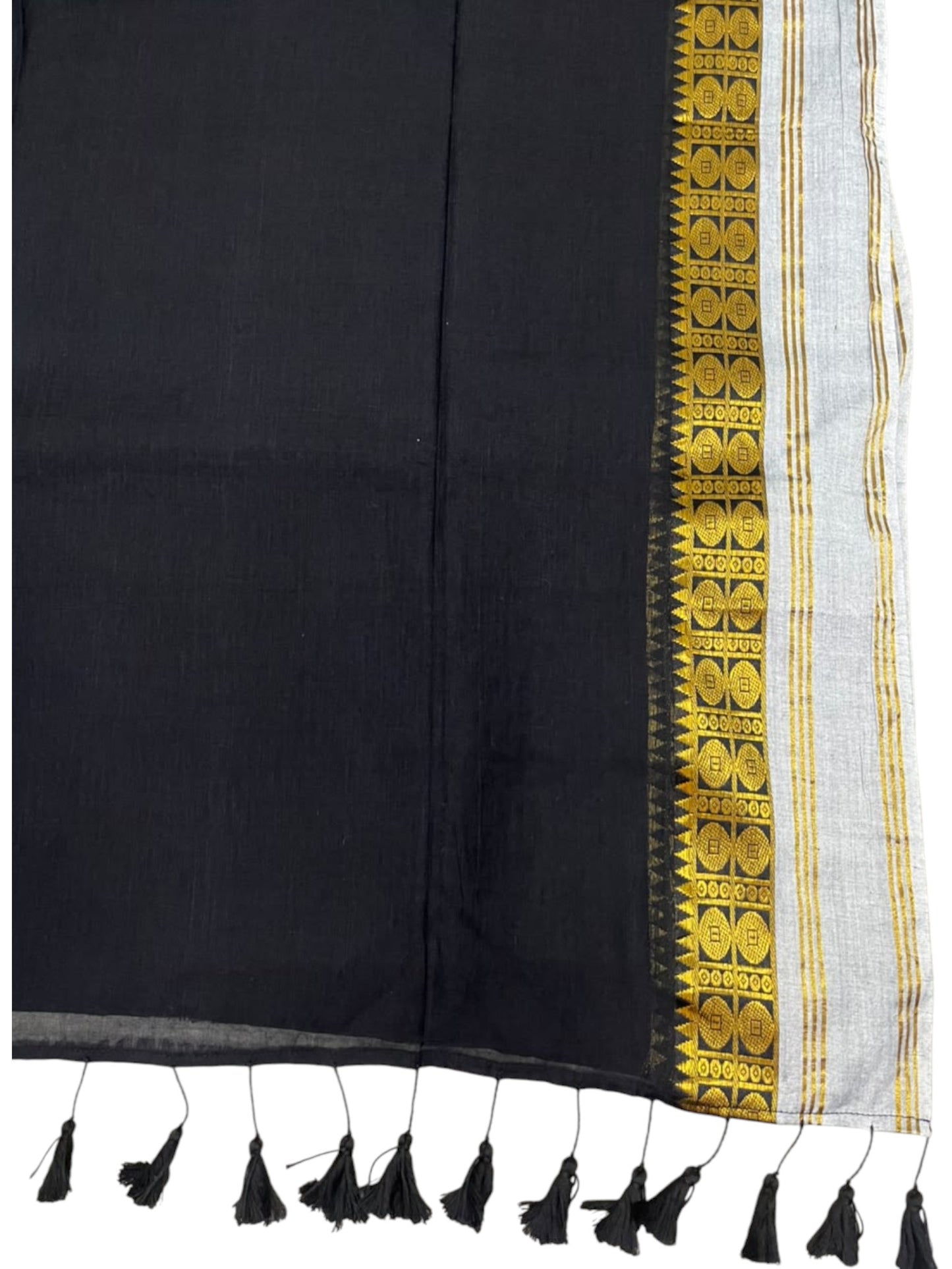 Southloom Mul Cotton 120 x 120 Soft Fabric Saree In Black on Body with Gold& Gray in Border SL215