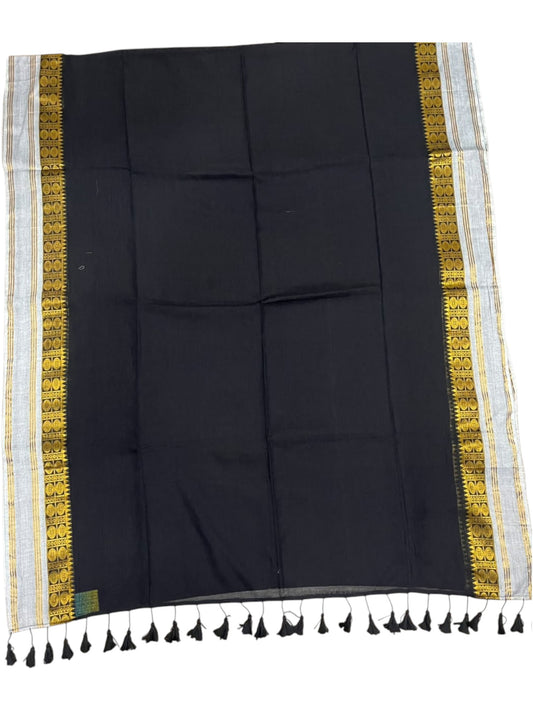 Southloom Mul Cotton 120 x 120 Soft Fabric Saree In Black on Body with Gold& Gray in Border SL215