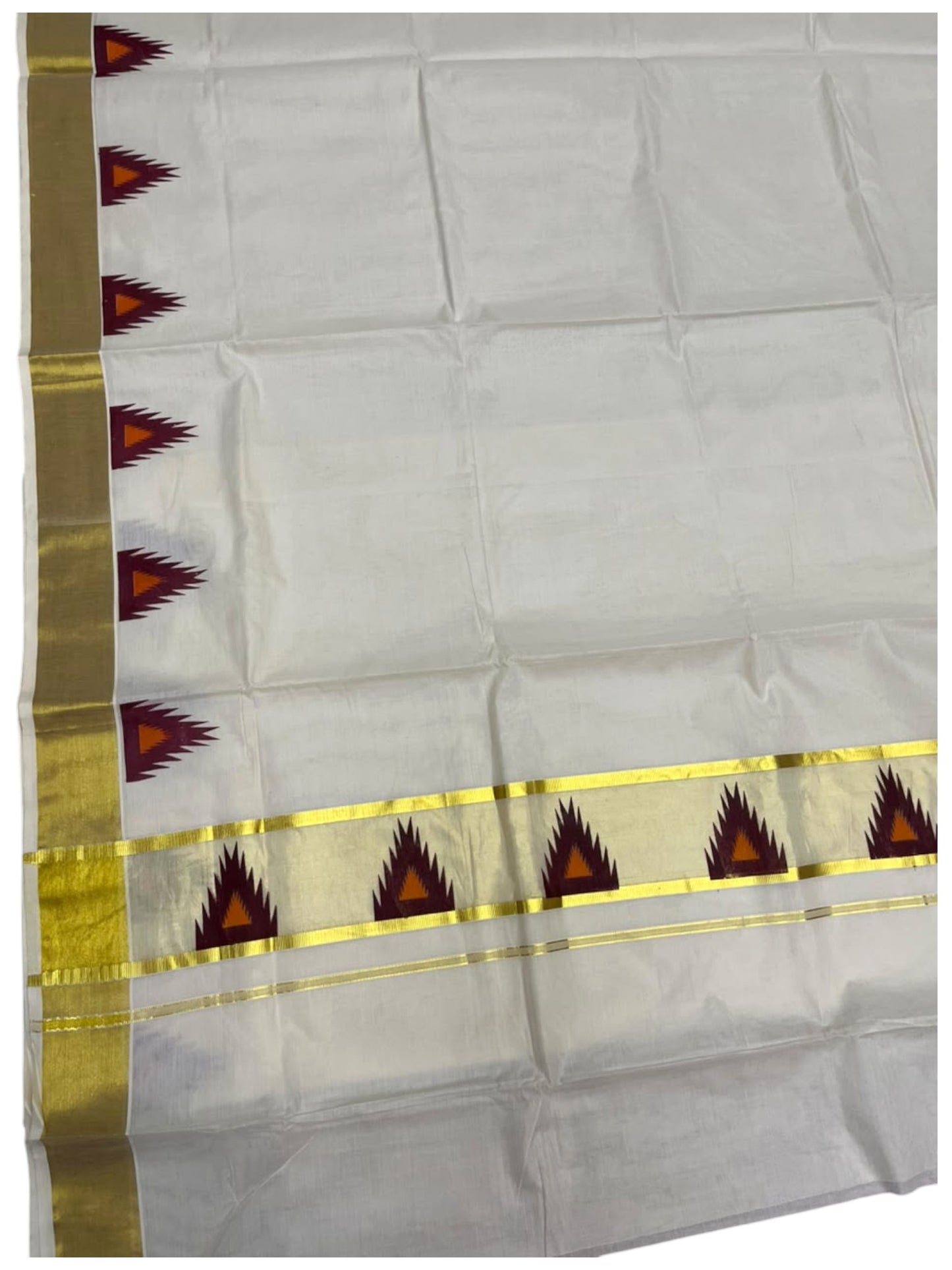 Southloom Cotton Kerala Kasavu Saree with Temple Digital Print In Marron and Orange With Borders SL369