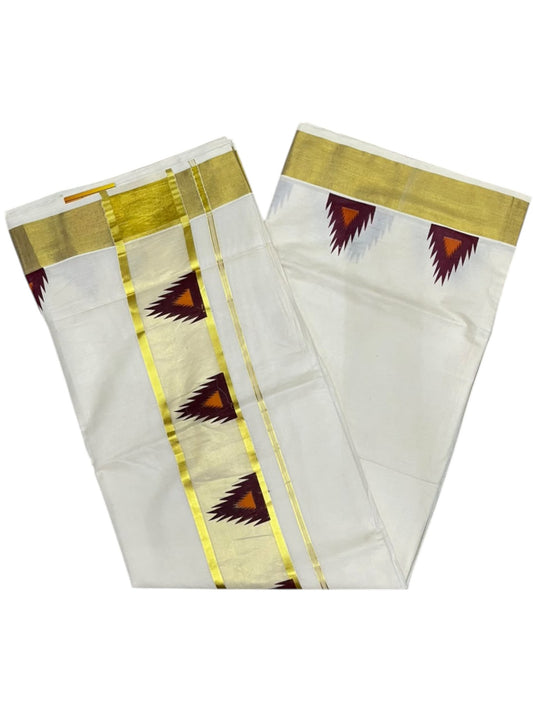 Southloom Cotton Kerala Kasavu Saree with Temple Digital Print In Marron and Orange With Borders SL369