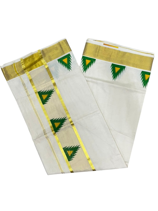 Southloom Cotton Kerala Kasavu Saree with Temple Digital Print In Green and Yellow With Borders SL369