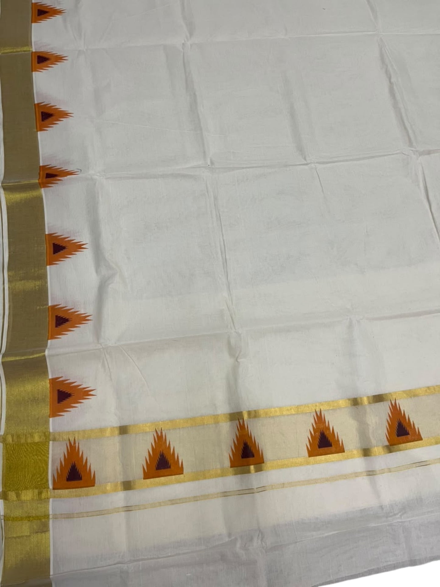 Southloom Cotton Kerala Kasavu Saree with Temple Digital Print In Orange and Maroon With Borders SL369