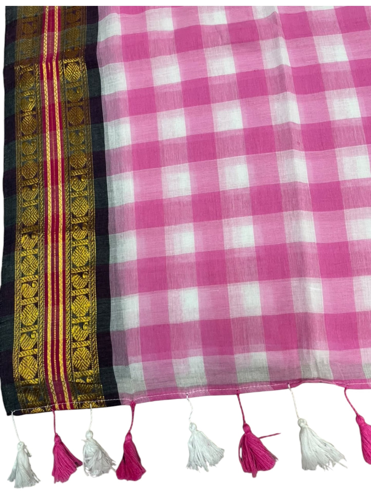 Southloom Mul Cotton 120 x 120 Soft Fabric Saree with Pink Check Desgin in Body SL215