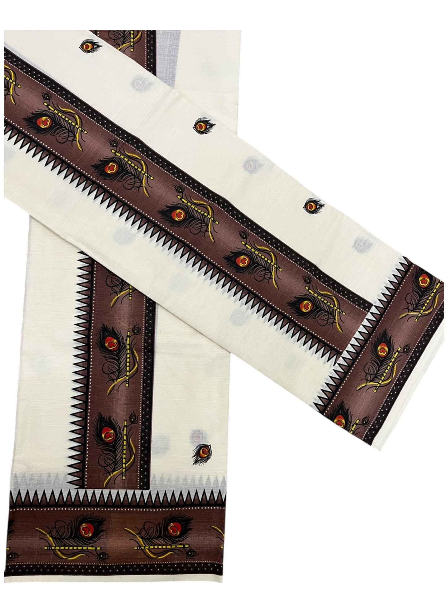 Southloom Kerala Pure Cotton Set Mundu (Mundum Neriyathum) with Brown Block Prints on Border-2.80Mtrs SL621