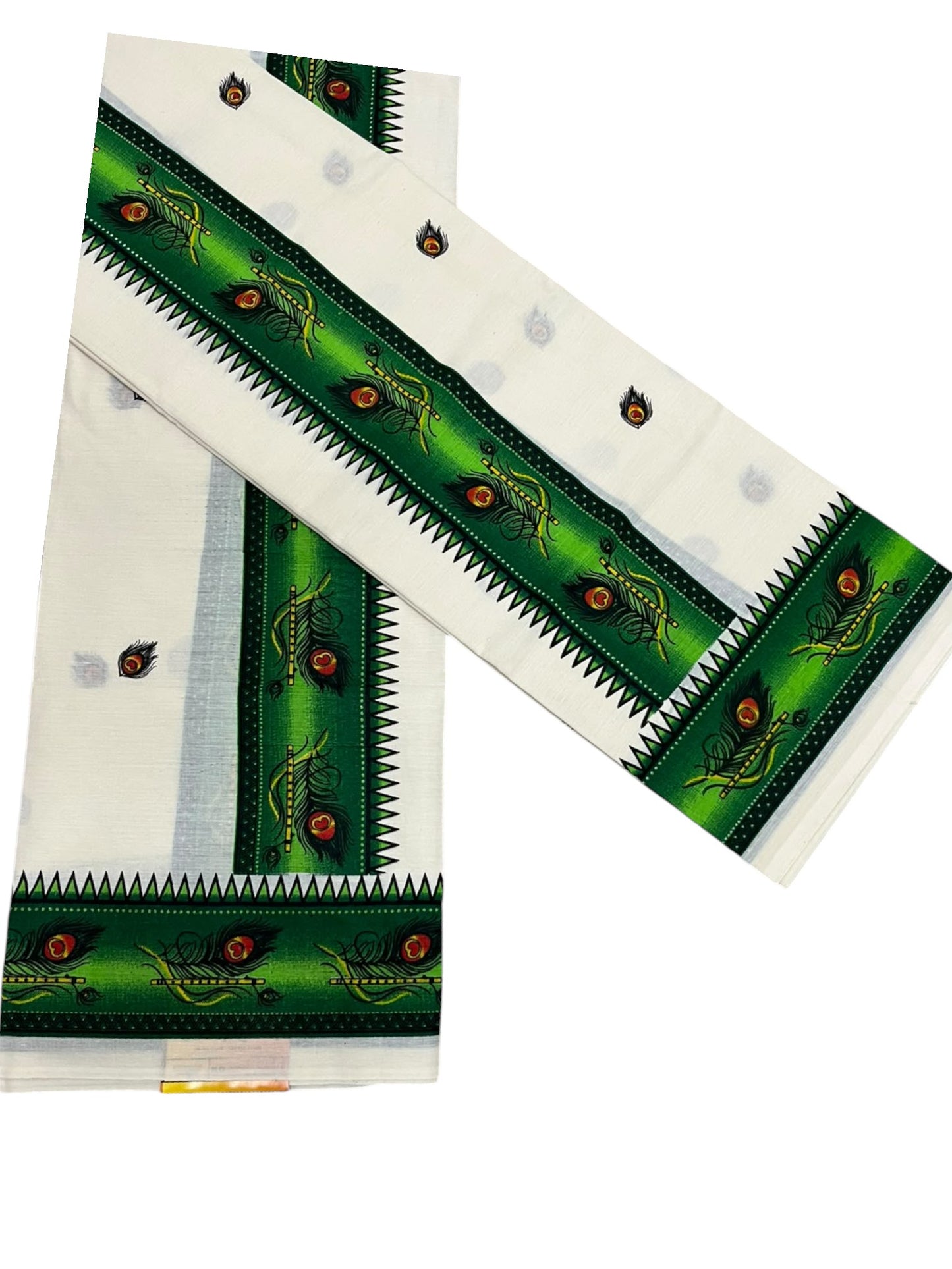 Southloom Kerala Pure Cotton Set Mundu (Mundum Neriyathum) with Green Block Prints on Border-2.80Mtrs SL621
