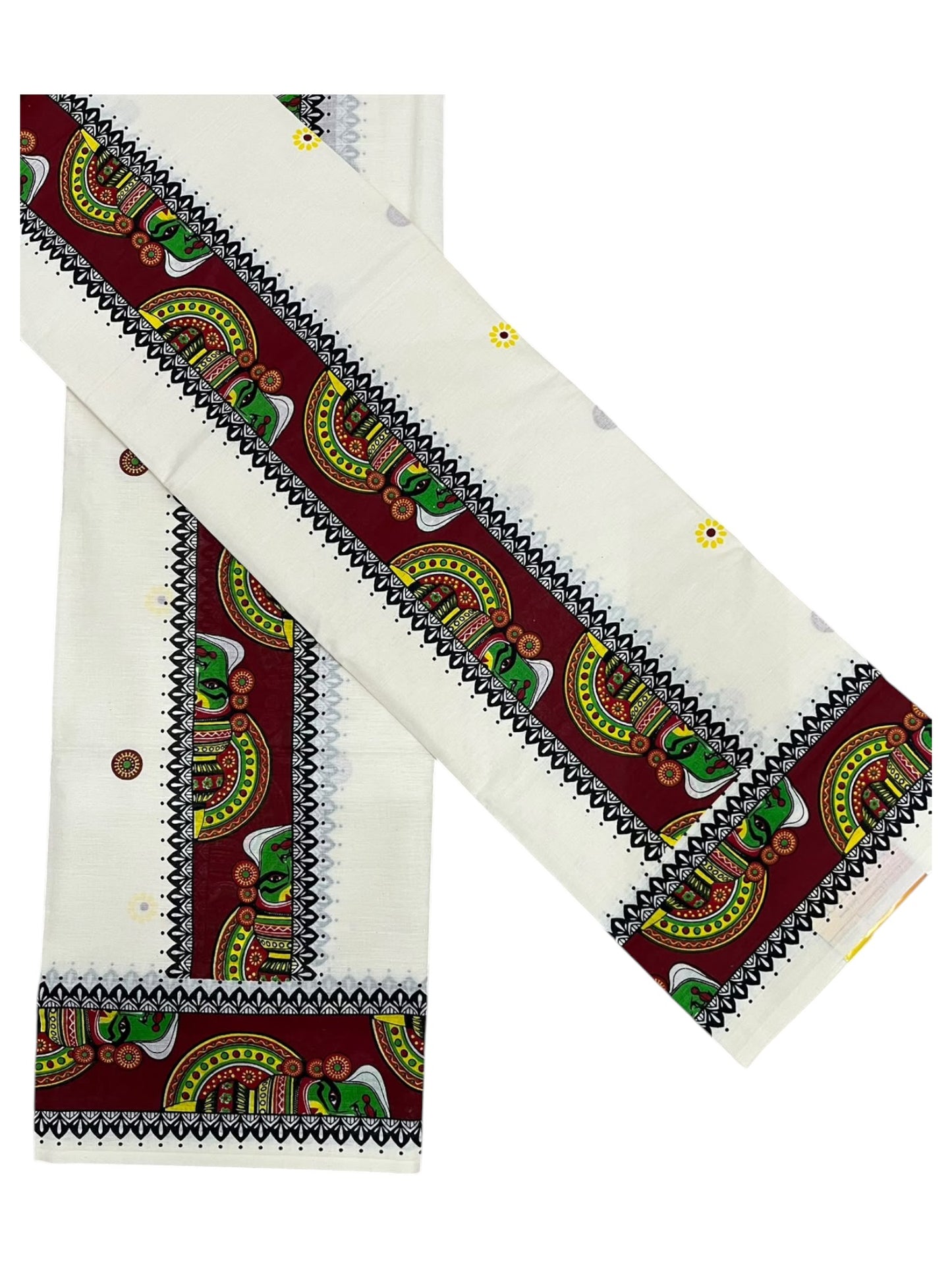 Southloom Kerala Pure Cotton Set Mundu (Mundum Neriyathum) with Maroon Kathakali Block Prints on Border-2.80Mtrs SL621