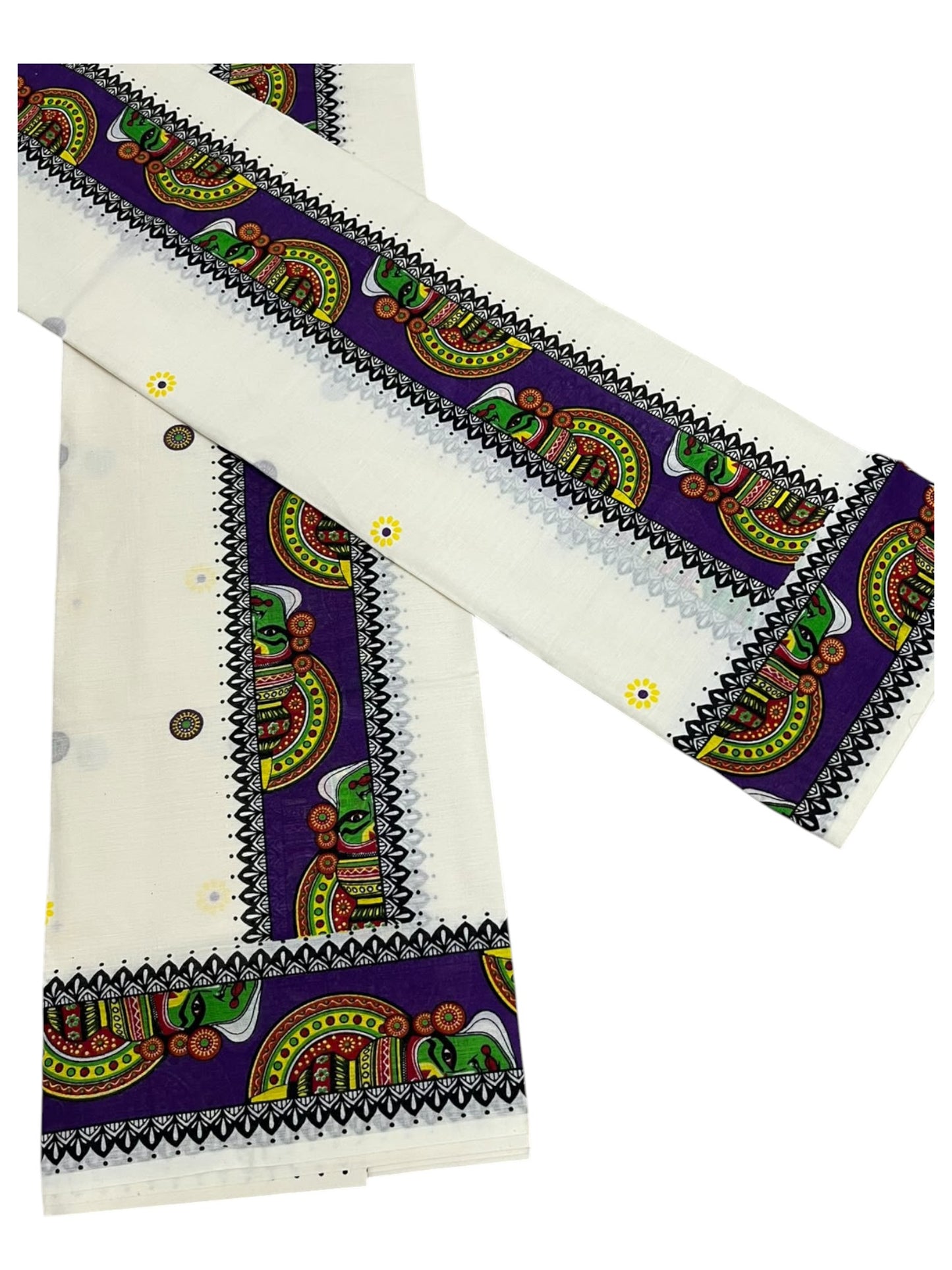 Southloom Kerala Pure Cotton Set Mundu (Mundum Neriyathum) with Violet Kathakali Block Prints on Border-2.80Mtrs SL621