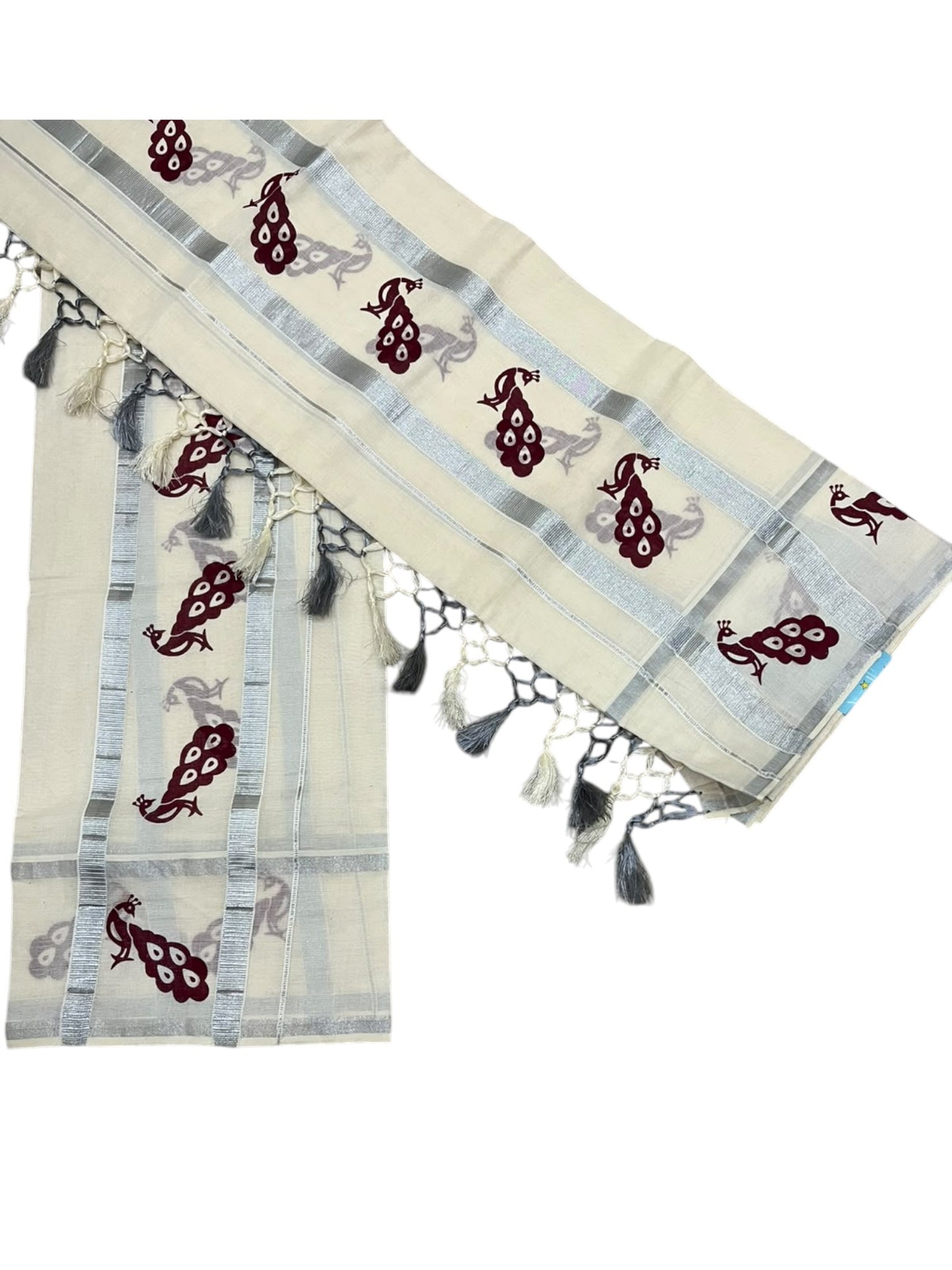 Southloom Kerala Cotton Single Set Mundu (Mundum Neriyathum) with Peacock Design in Brown