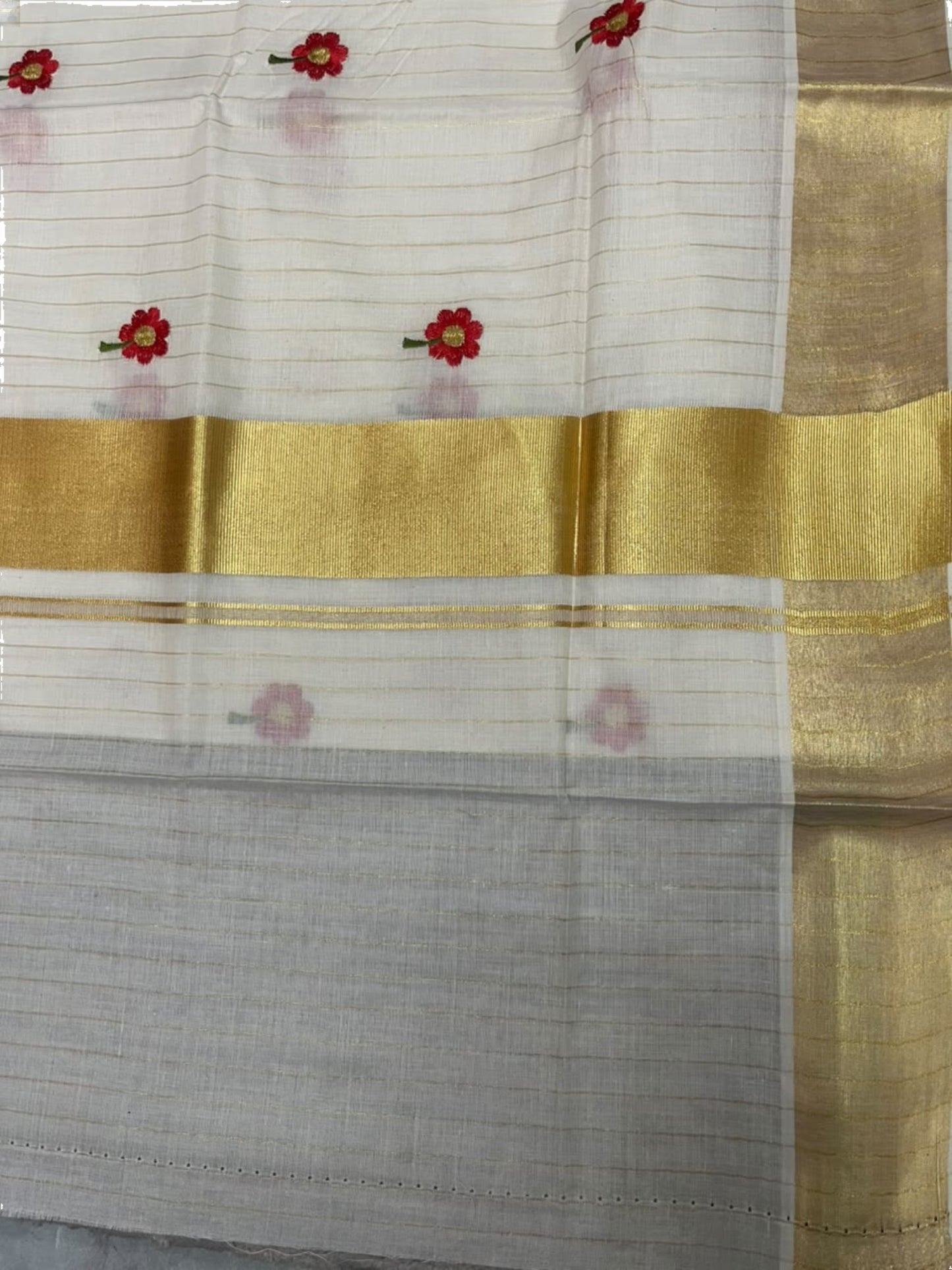 Southloom Kerala Cotton Kasavu Line Saree with Red Floral Embroidery Works