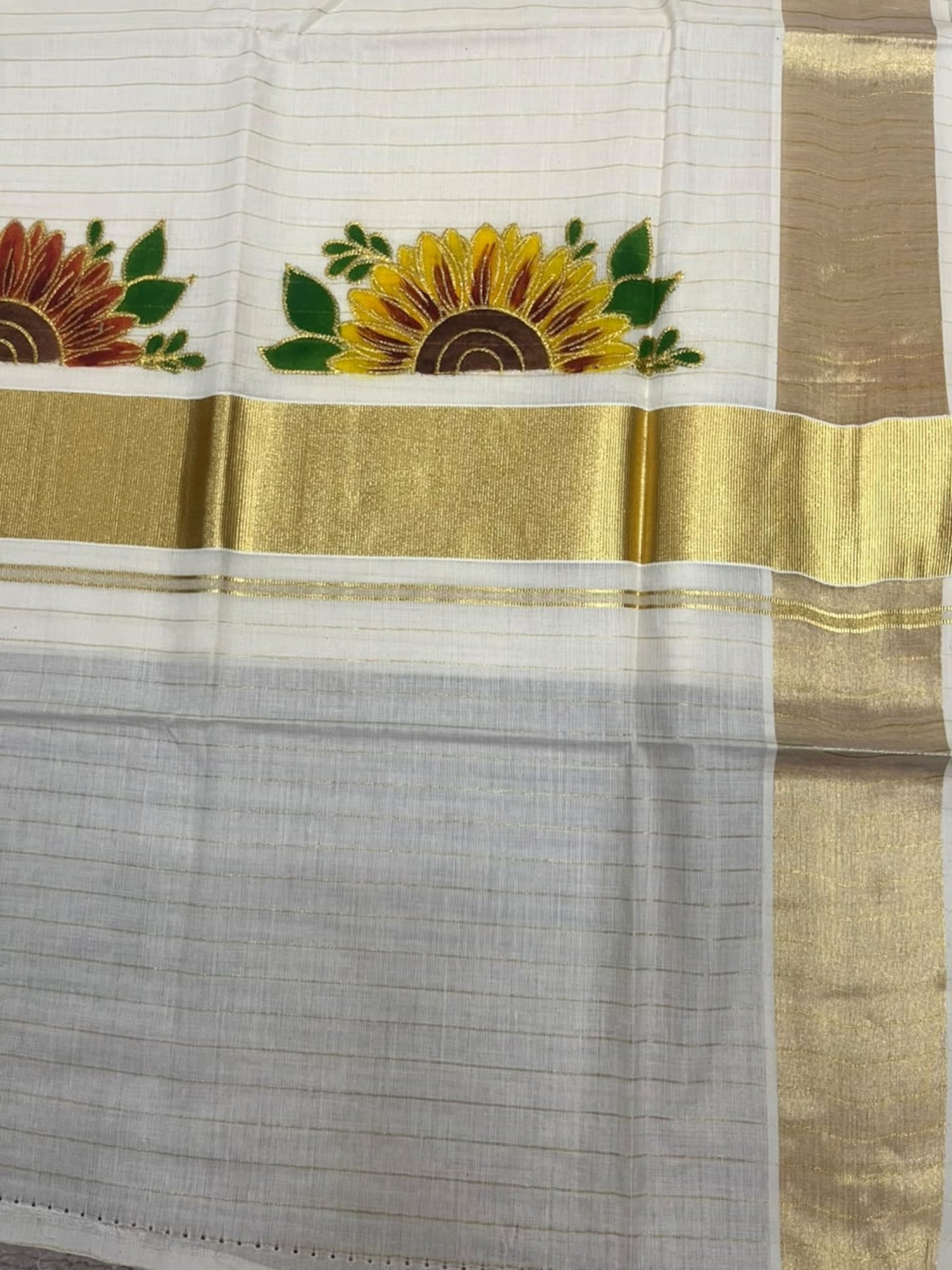 Southloom Kerala Cotton Kasavu Lines Saree with Embroidery Work in Yellow Floral Print